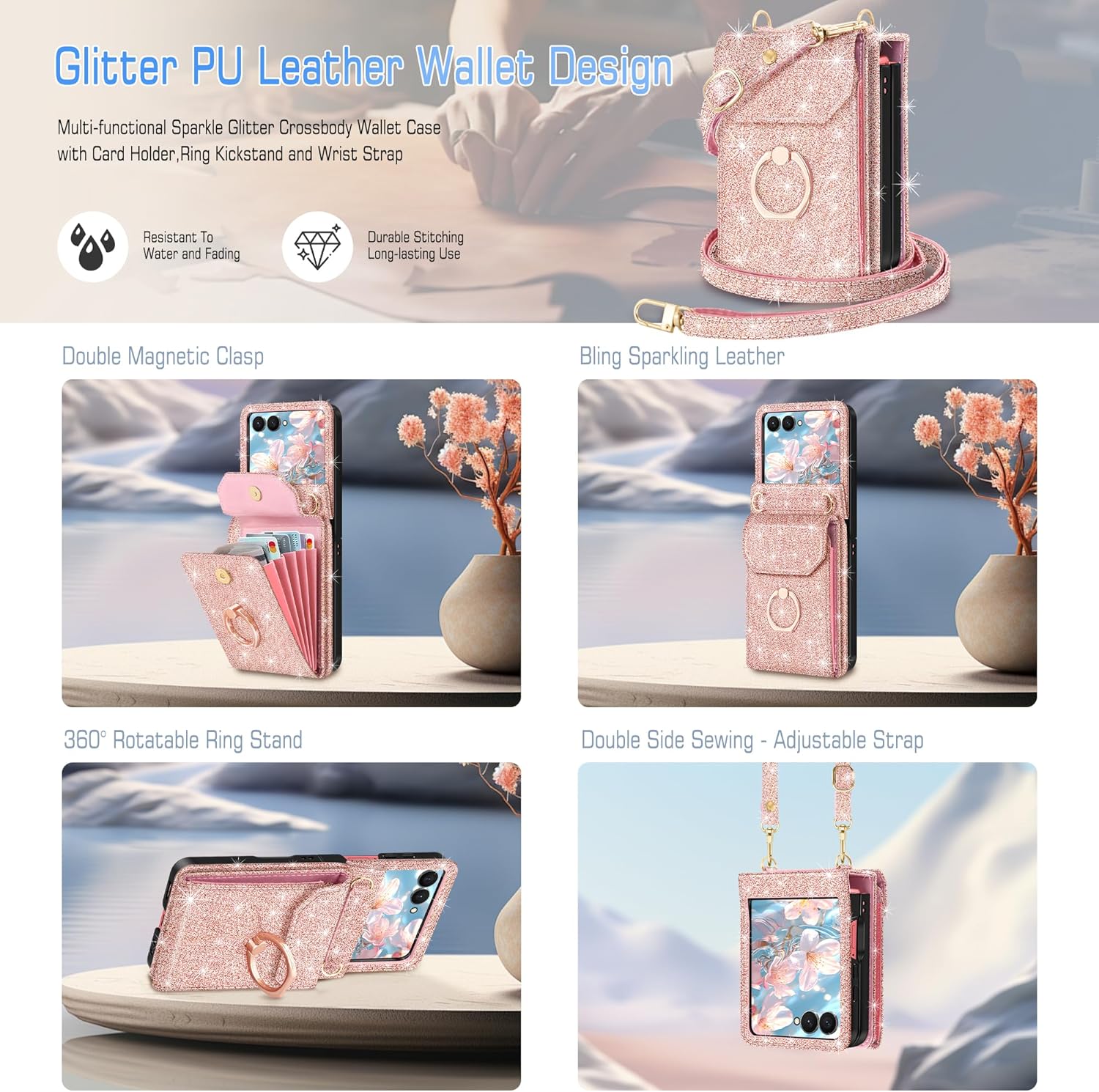 for Samsung Galaxy Z Flip 7 Case Wallet with 5 Card Holder,Glitter PU Leather Crossbody Case with 360°Ring Stand & Wrist Strap Women Girls Shockproof Phone Cover for Galaxy Z Flip 7,Rose Gold
