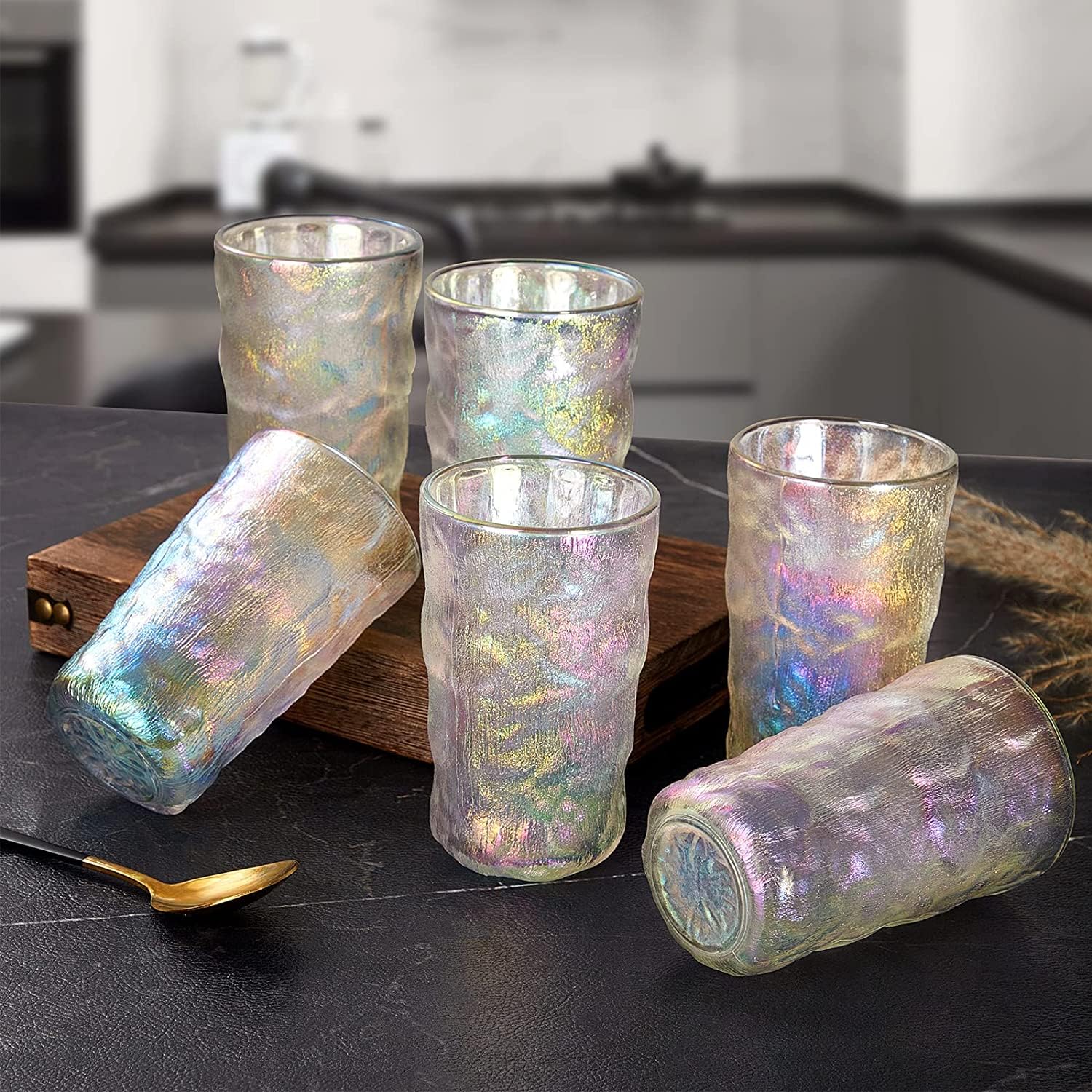 Gradient Trinkgläser-Set, Set von 4 irisierenden Trinkgläsern, gemischtes Gletscher-Muster 400ml Glasbecher Dekoration für Wein, Bier, Saft, Mojito und Cocktail (Dazzle-Farbe)