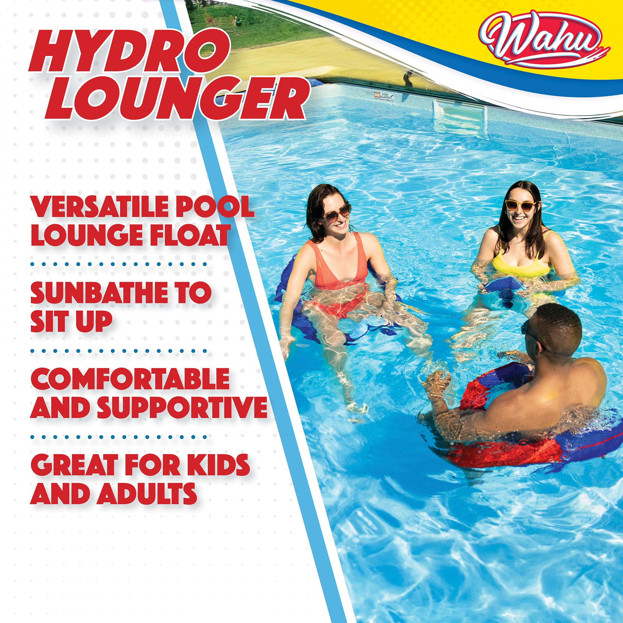 Wahu Hydro Lounger Versatile Pool Lounge Float for Sunbathing, Inflatable Beach and Pool Float Lounger with Inflate/Deflate Valve, Red/Blue