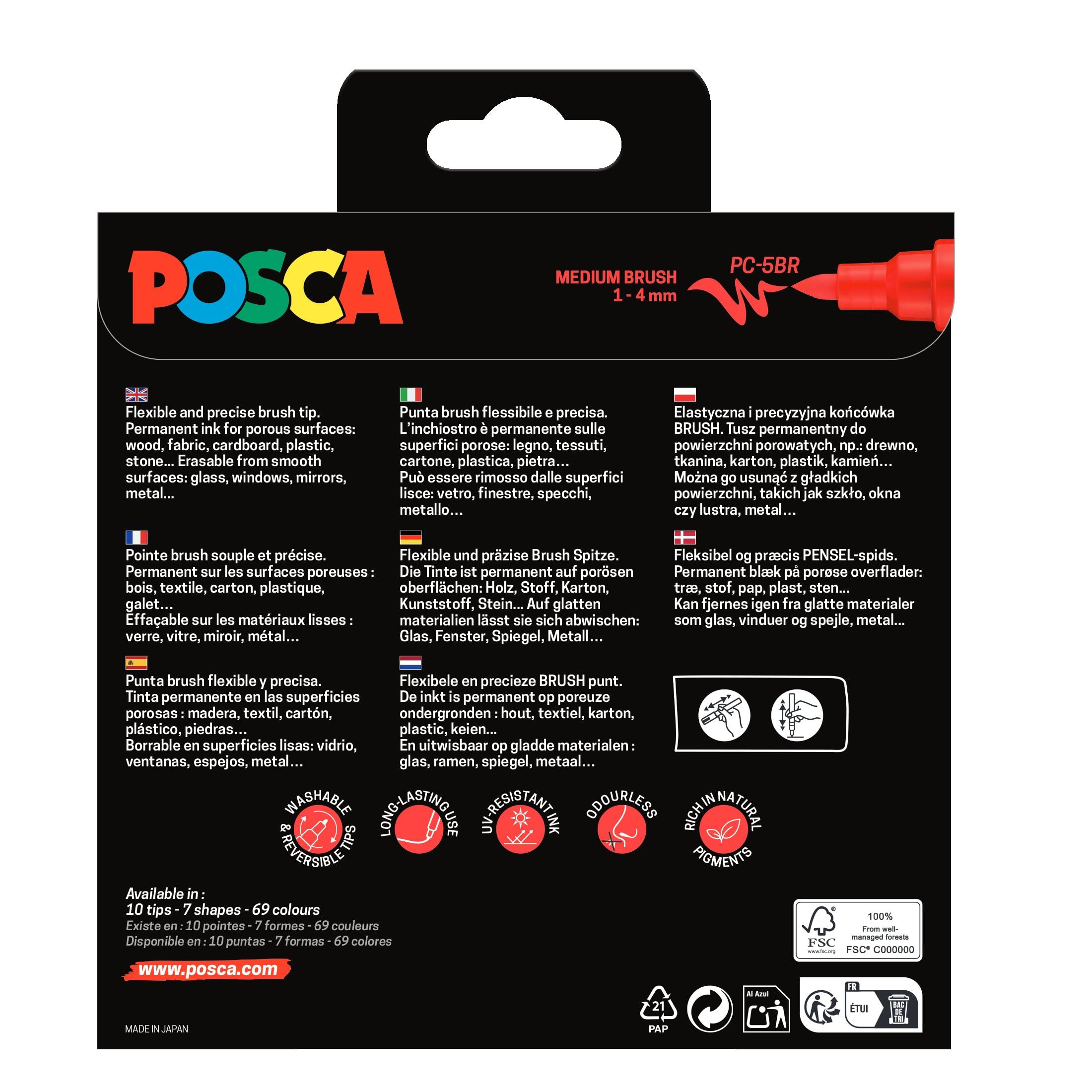POSCA - zestaw markerów akrylowych Brush Pen PC-5BR, 8 kolorów | Marker z elastyczną końcówką pędzelkową 1-4 mm do niemal wszystkich powierzchni