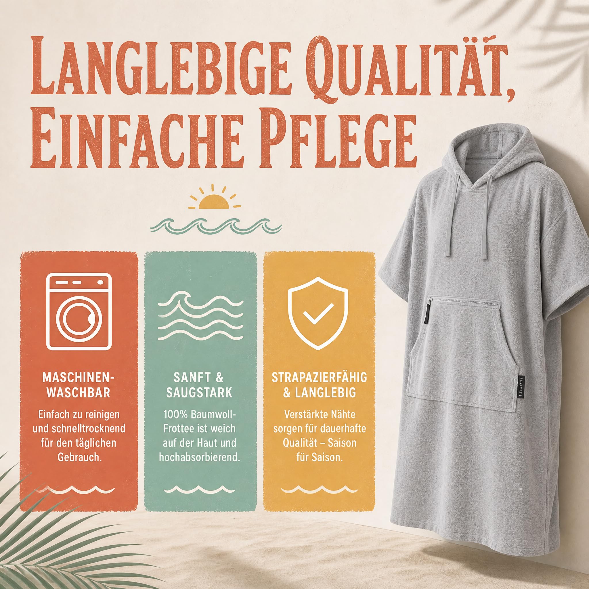 Strandponcho für Damen, Herren & Kinder – Badeponcho aus 100% Baumwolle, Surfponcho zum Umziehen mit Kapuze & Tasche für Strand, Sauna & Pool, Hellgrau, S/M