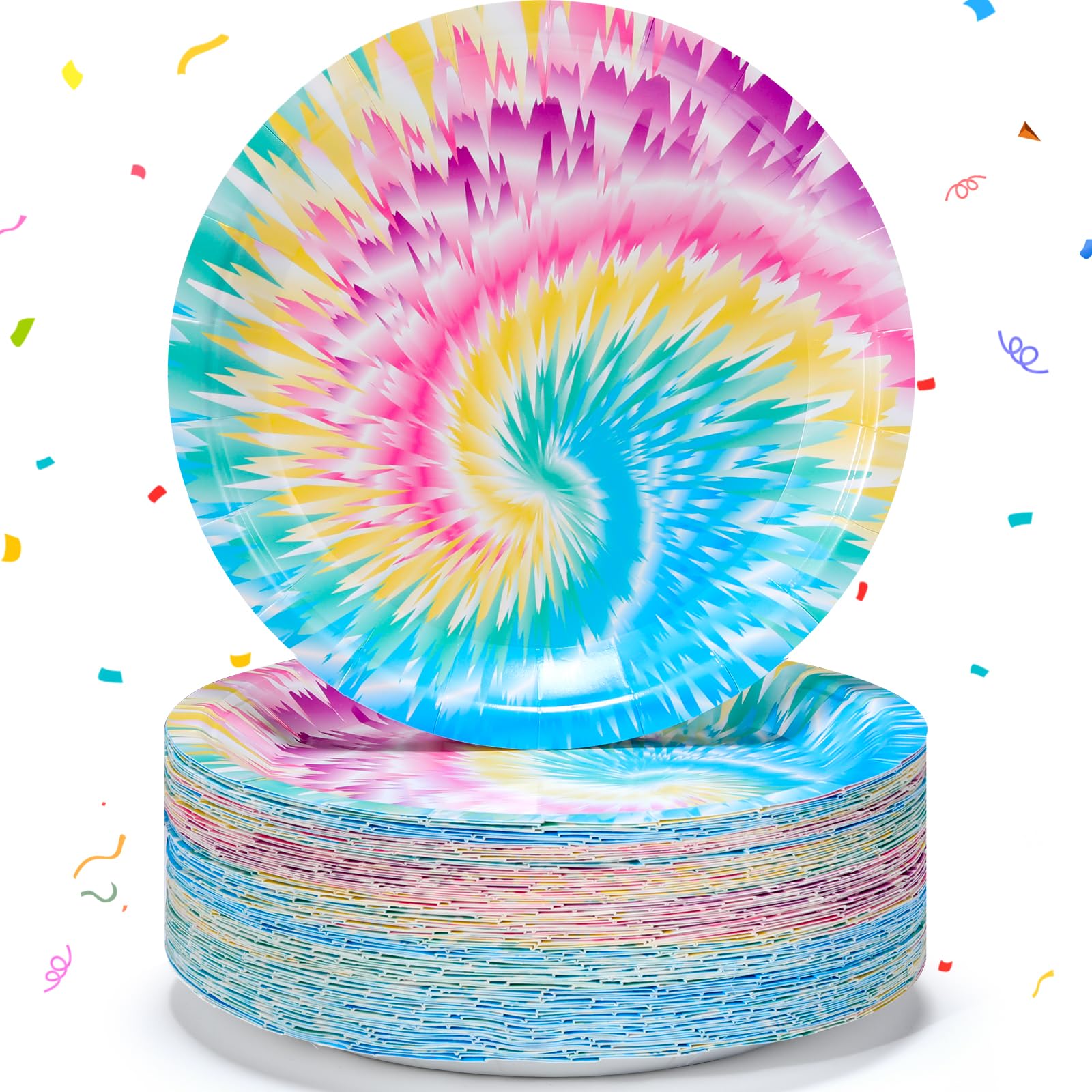 Domensi 100 Pack Tie Dye Paper Plates 7 Inch Disposable Dessert Cake Plates for Tie Dye Party Supplies Birthday Party Decorations (Light Color)