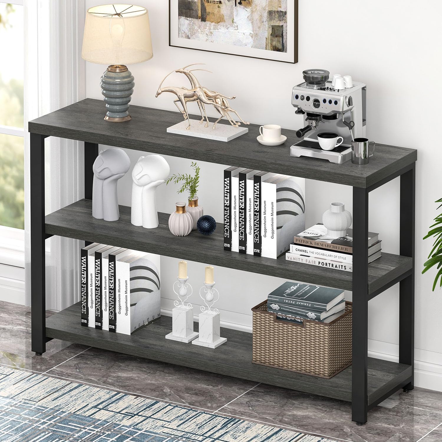 EXCEFUR Rustic Console Tables for Entryway, Sofa Table with 3 Tier Storage Shelves, Couch Table for Living Room Hallway, Industrial Grey Rustic Grey