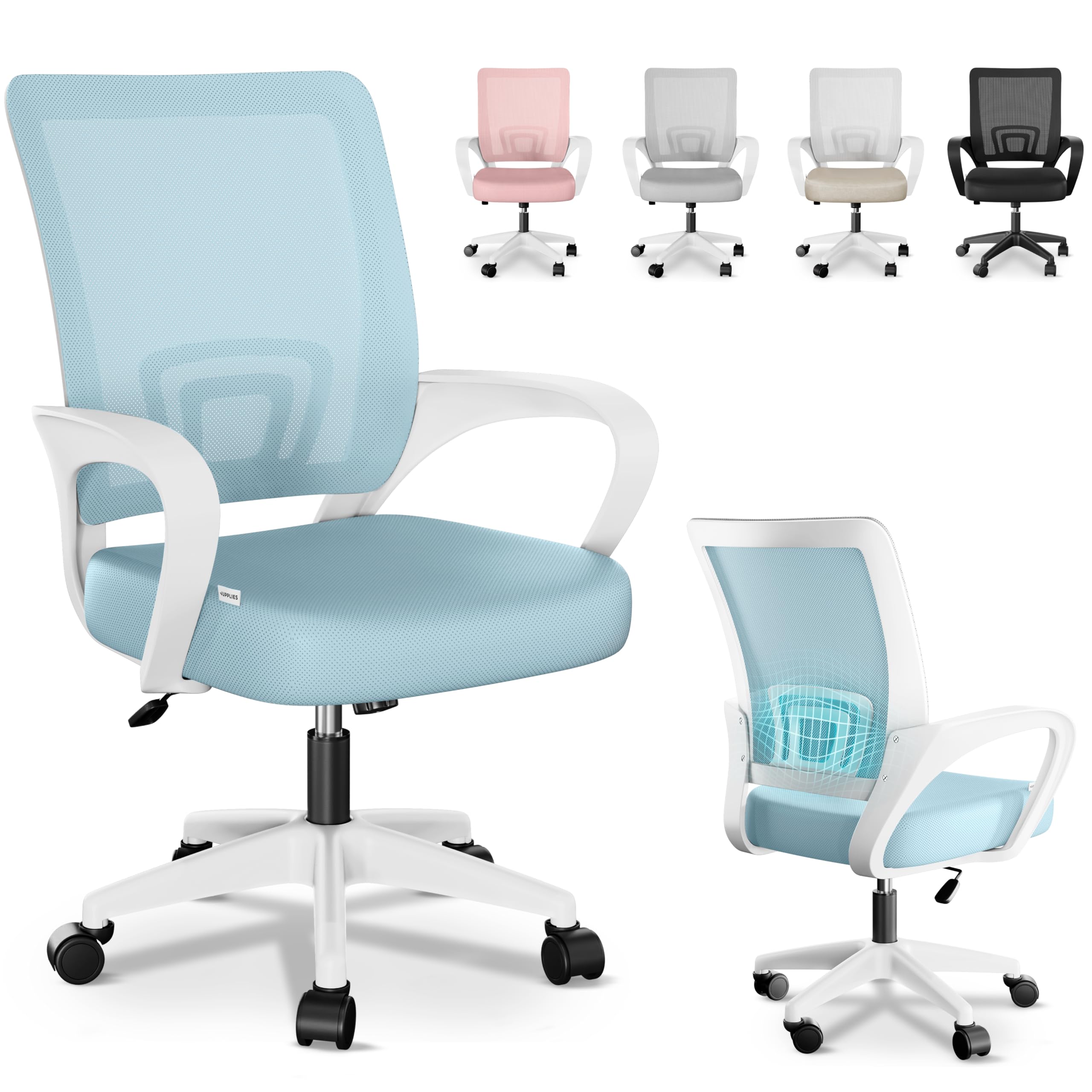 JUPPLIES Silla Escritorio Ergonomica - Silla Oficina con Apoyo Lumbar, Estructura de Plastico, Malla Transpirable, Ruedas Giratorias 360°, Soporta hasta 110kg (Azul)