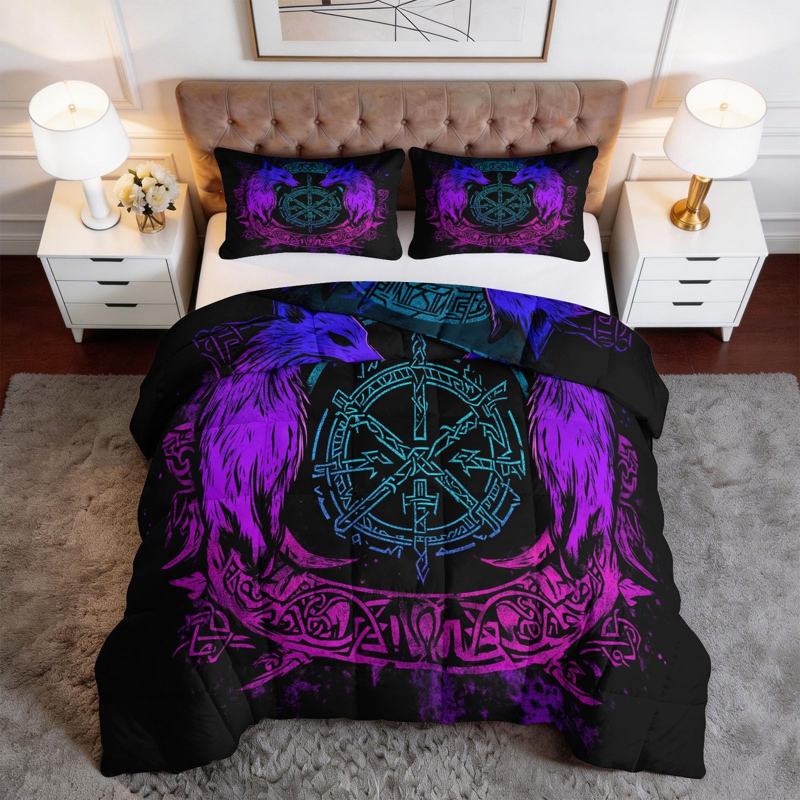 Piumino lavabile con motivo geometrico con volpe, 180 x 200 cm, 4 stagioni, stile retrò, adatto all'asciugatrice, anallergico, traspirante