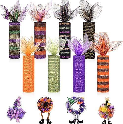 Newwiee 8 rollos de cinta de malla de Halloween para coronas de 10 pulgadas x 30 pies cada rollo de cinta de malla metálica de poliéster para