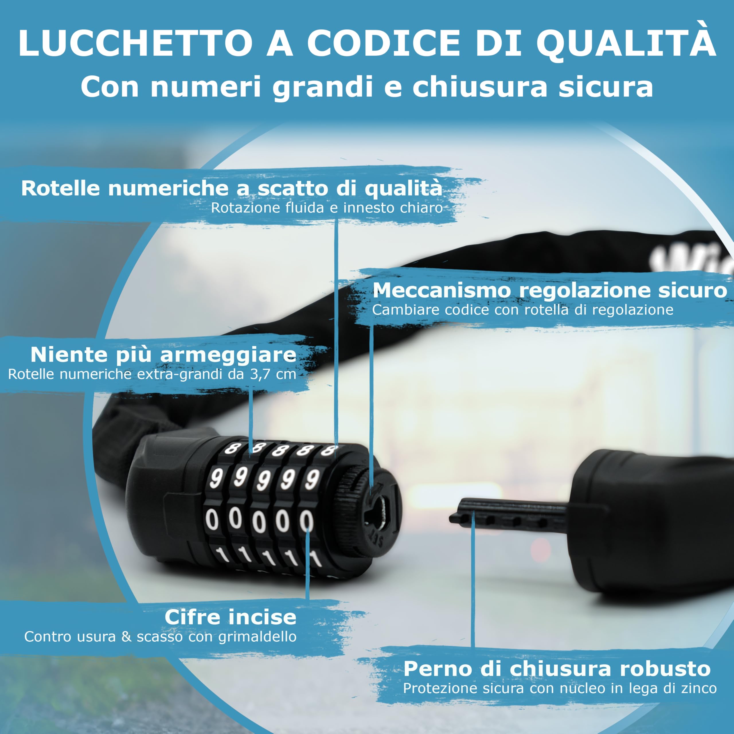 WIDDER Antifurto a combinazione [grandi rotelle numeriche, 5 cifre, 850 g] | Lucchetto con codice | catena antifurto per bici | Alta sicurezza | per monopattino elettrico, e‑bike | Combinazione numerica
