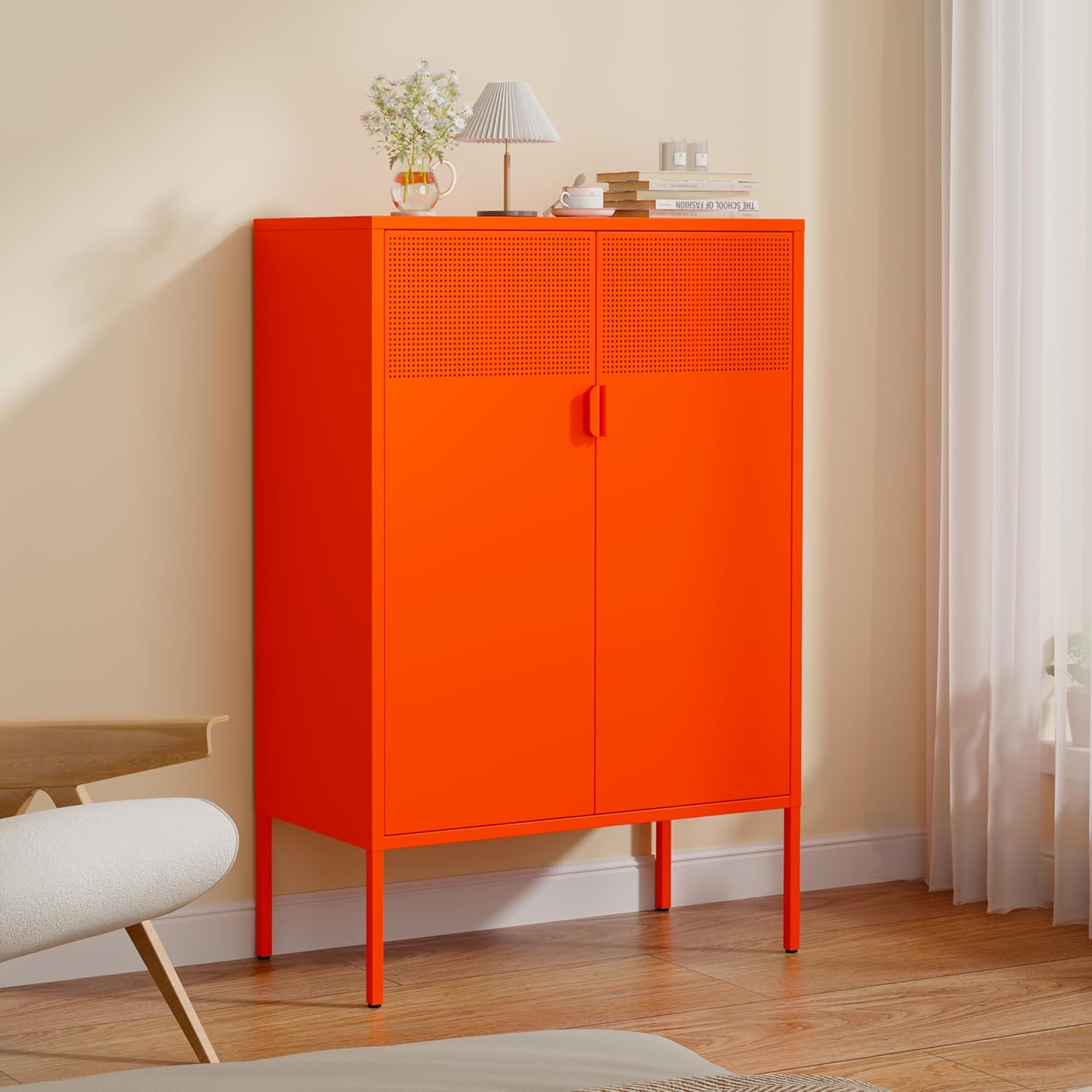 3-Tier Metal Storage Cabinet with 2 Adjustable Shelves, 2 Mesh Door Metal Locker Accent Cabinet with Legs, Orange Storage Cabinets, Metal Tv Stand Cabinet for Home, Office, Entryway & Hallway