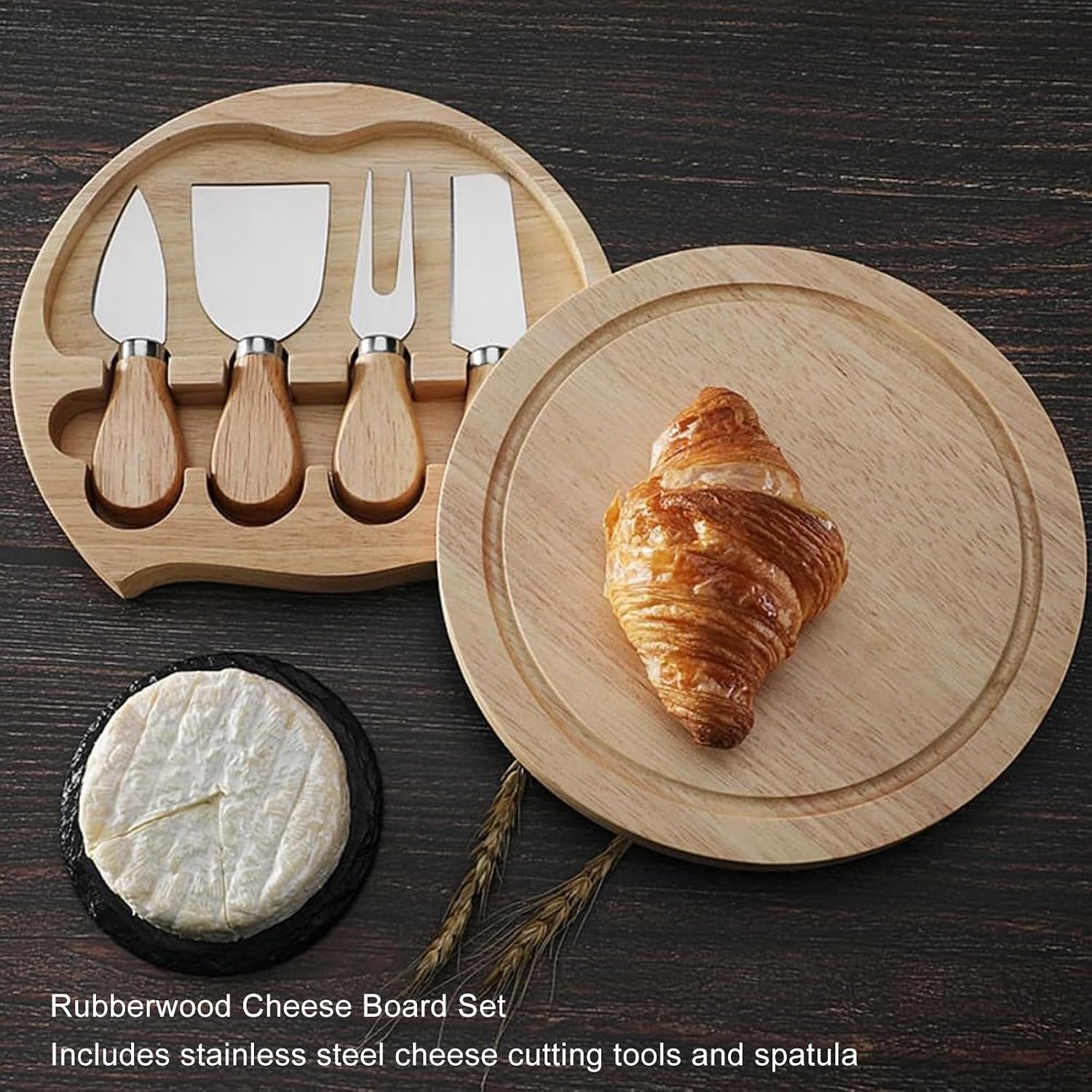 banapoy Cheese Board Set, 5 Piece Rubberwood Platter Cheeseboard Kit with Stainless Steel Cutting Tools, for Cheese Enthusiasts and Gift Giving, House Warming Gifts New Home