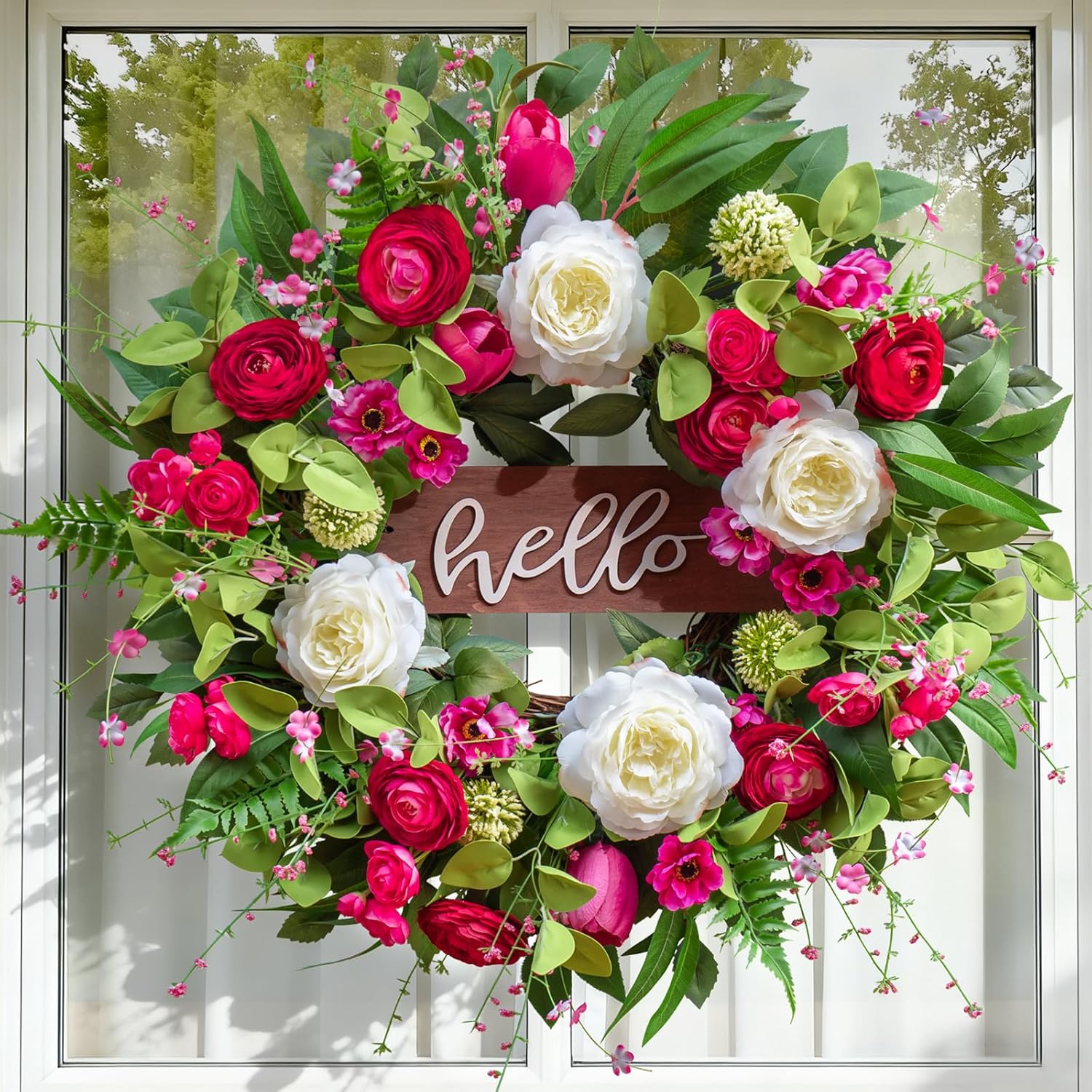 Spring Wreaths for Front Door Outside– 24 Inch Spring Summer Wreath with Vibrant Pink Peony,Tulip & White Rose Flowers and Hello Wooden Sign,Ideal for Farnhouse Porch,Wall,Window Décor