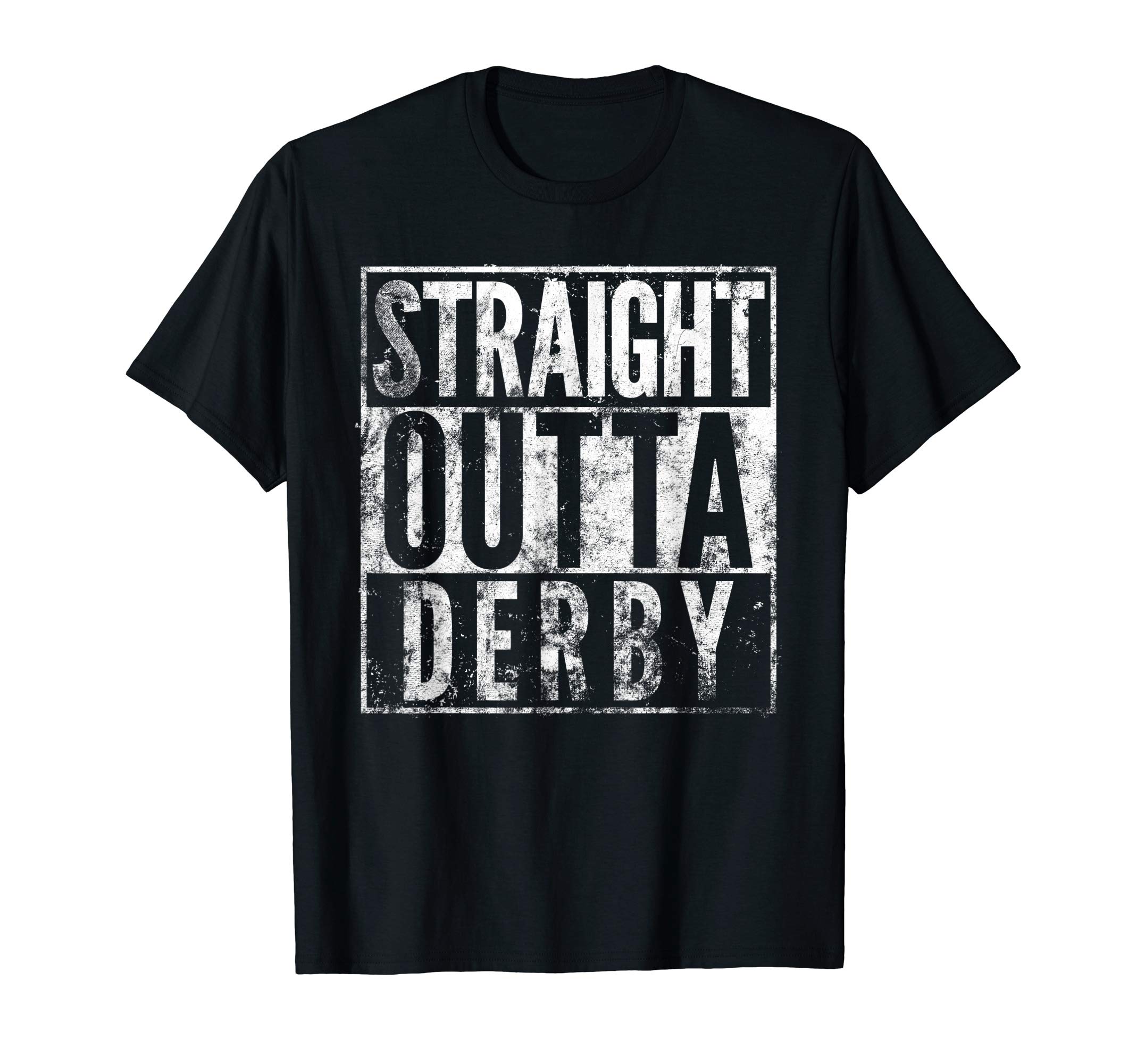 Derby Apparel EmporiumStraight Outta Derby Design Distressed Effect T-Shirt - Men's Unisex Kids Graphic T-Shirt - Black - Short Sleeve - Small - Crew Collar - CasualOEKO-TEX STANDARD 100
