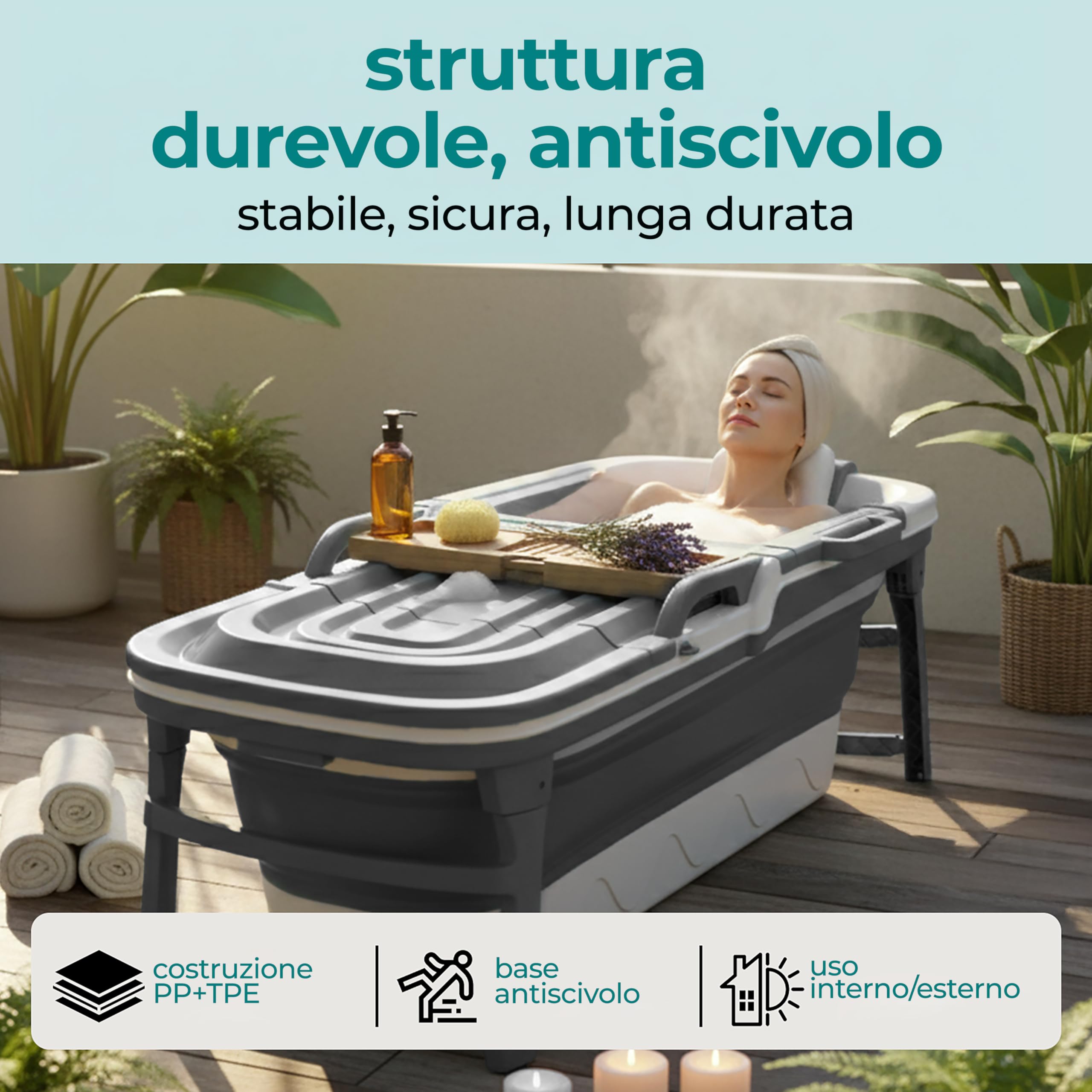 SereneLife Vasca da Bagno Portatile per Adulti, 150x60x58cm, Spa Portatile Domestica, Relax Pieghevole, Vassoio, Borsa e Tubo di Scarico, Bagno Caldo o Freddo, Antiscivolo, Leggera, Interno/Esterno
