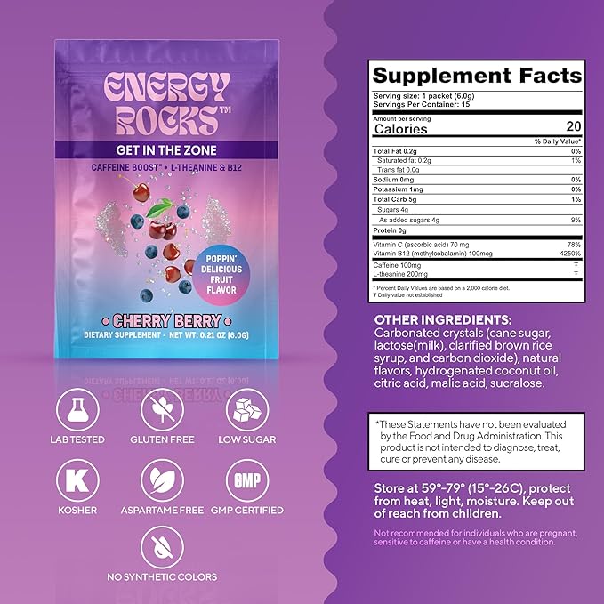 No Water Energy Packets - Instant Energy Supplement with 100mg Caffeine + L-Theanine + B12, Pre Workout, Zero Crash Formula (6 Sachets, Cherry Berry & Pineapple Mango)