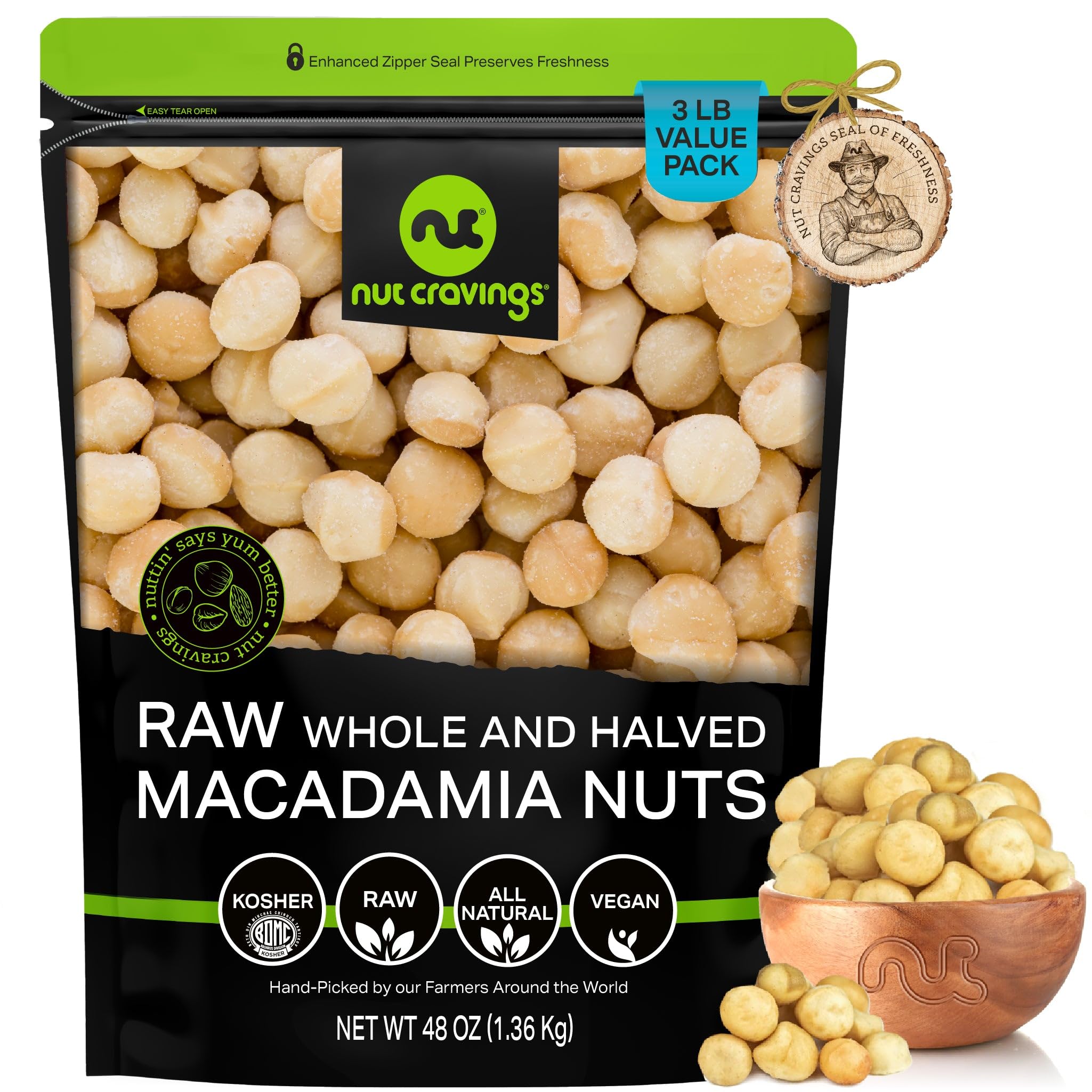 NUT CRAVINGS - Raw Macadamia Nuts, Unsalted, Shelled, and Halved, (48oz - 3 LB) Bulk Nuts Packed Fresh in Resealable Bag - Kosher Healthy Snack, Food