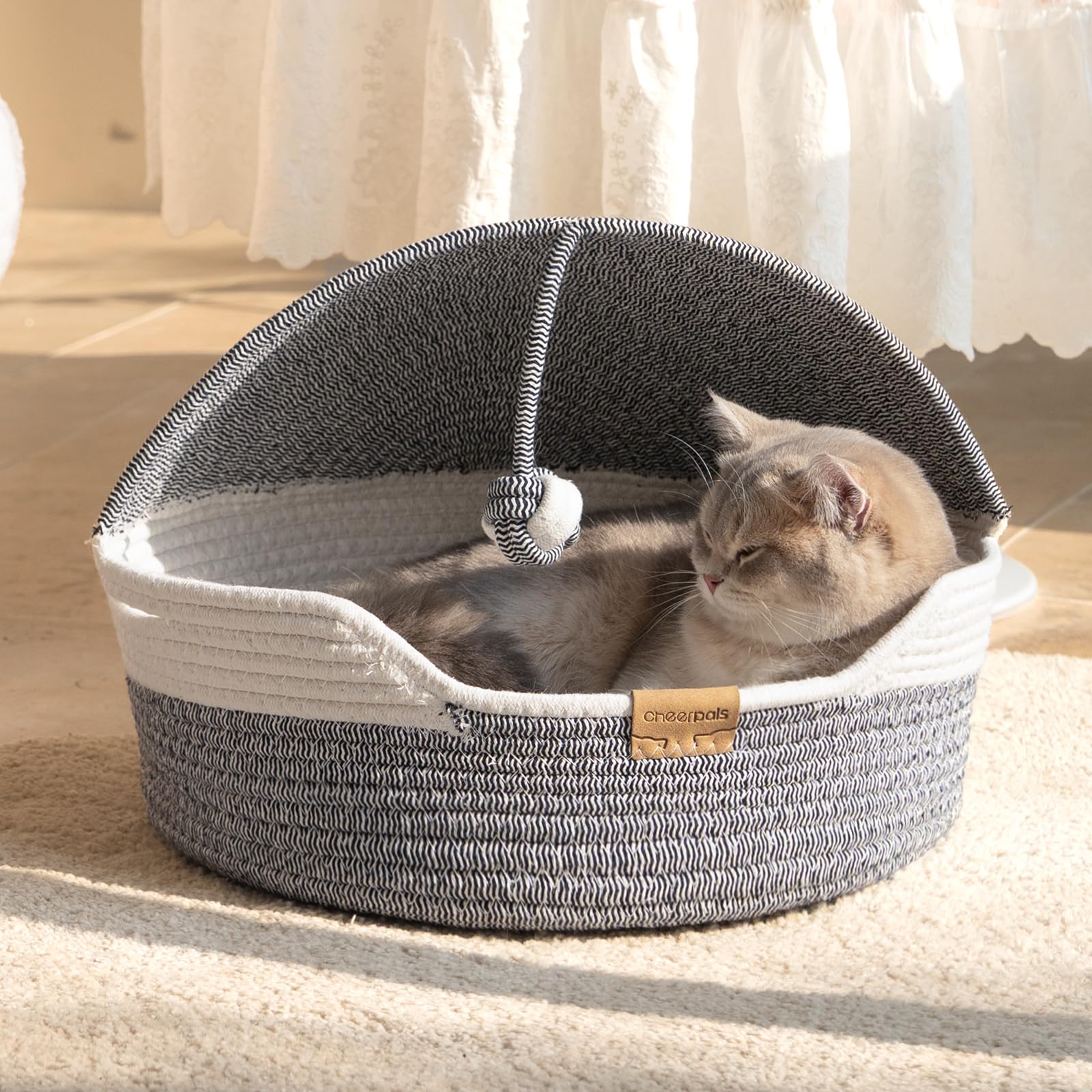 CheerPals Cat Basket Bed for Indoor Cats, Claw-Proof Woven Cotton Rope Cat Cave, Machine Washable Covered Cat Hideaway Basket with Removable Pad & Ball Rope, Navy Blue