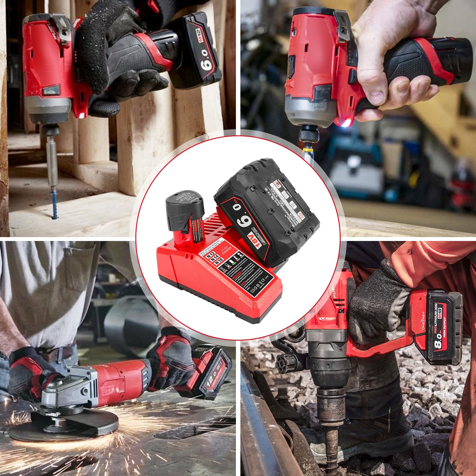 Powarobor M12 M18 Chargeur pour Milwaukee 12V/18V Li-ION XC Batterie | |Chargeur Compatible Milwaukee 48-11-1850 48-11-1815 48-11-1820 48-11-1840 avec Indicateur LED & Double voltage 12V-18V