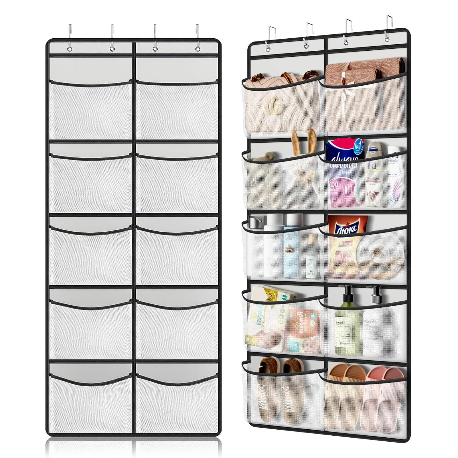XIONEXUOZHI Hanging Storage Organiser – Over the Door Storage Pockets, 10 Large Mesh Pockets for Wardrobe, Bedroom, Toys, Clothes & Shoes, Includes 4 Hooks
