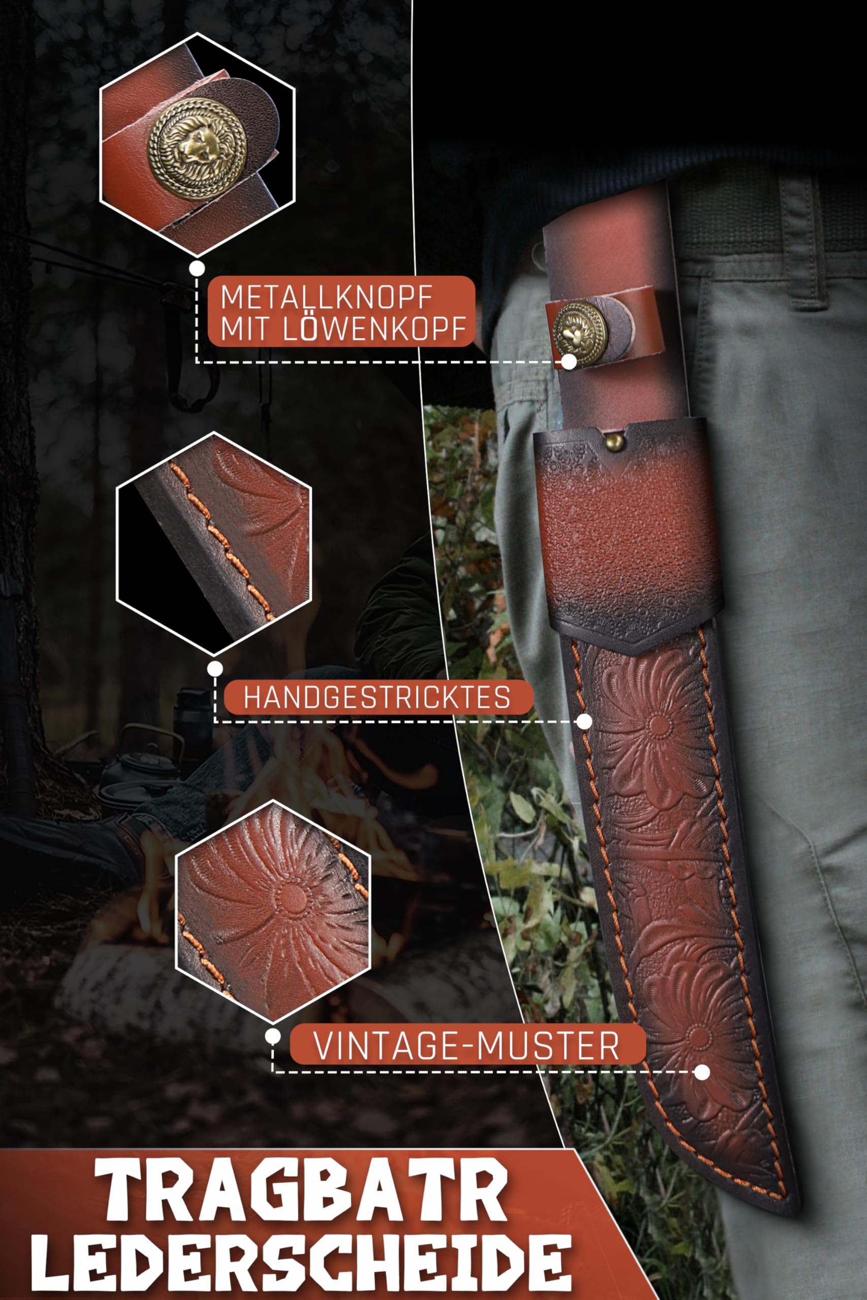 TAN REN Nóż survivalowy 21 cm Full Tang, nóż myśliwski ze skórzaną pochwą, ostry nóż myśliwski ze stałym ostrzem, nóż survivalowy D2 do użytku na zewnątrz
