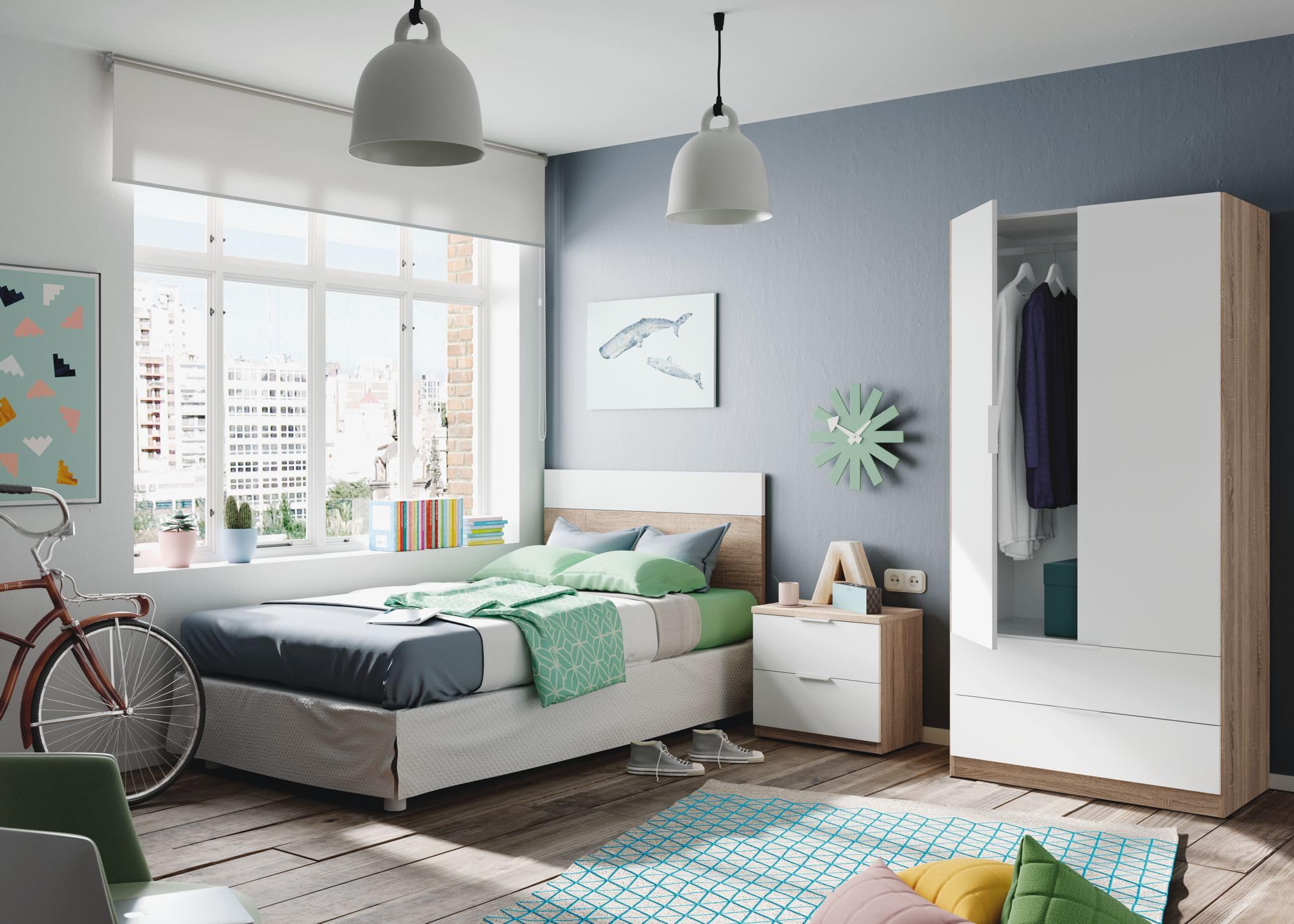 Habitdesign Armario de 2 Puertas y 2 cajones, 81x180x 52 (AnchoxAltoxFondo - Cm), Color Blanco Artik y Roble Canadian