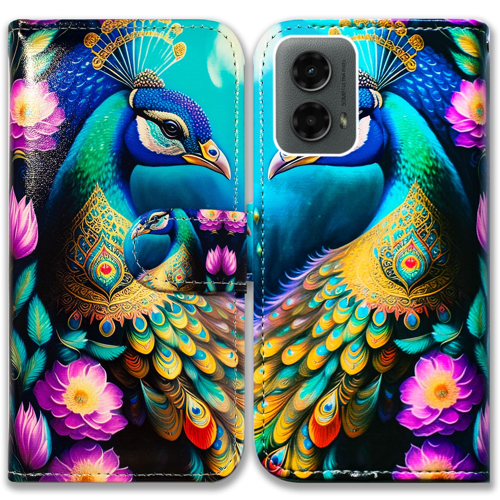 Bcov Case for Moto G 5G 2024,Colorful Peacock Mandala Flowers Leather Flip Phone Case Wallet Cover with Card Slot Holder Kickstand for Motorola Moto G
