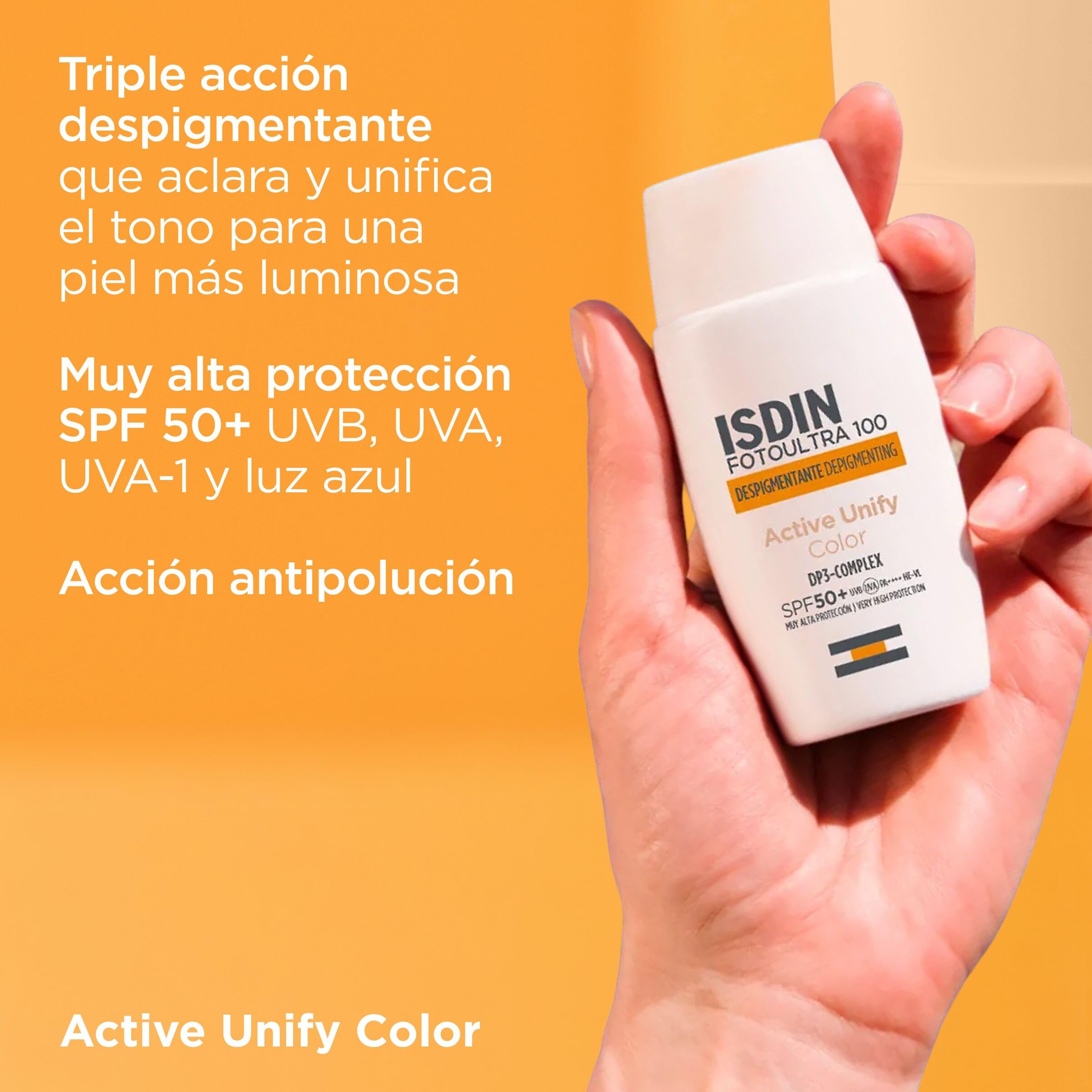 ISDIN Fotoultra 100 Active Unify Color SPF 50+ Crema Fluida con Color, Triple Acción Despigmentante y que Unifica el Tono y Evita la Aparición de nuevas manchas