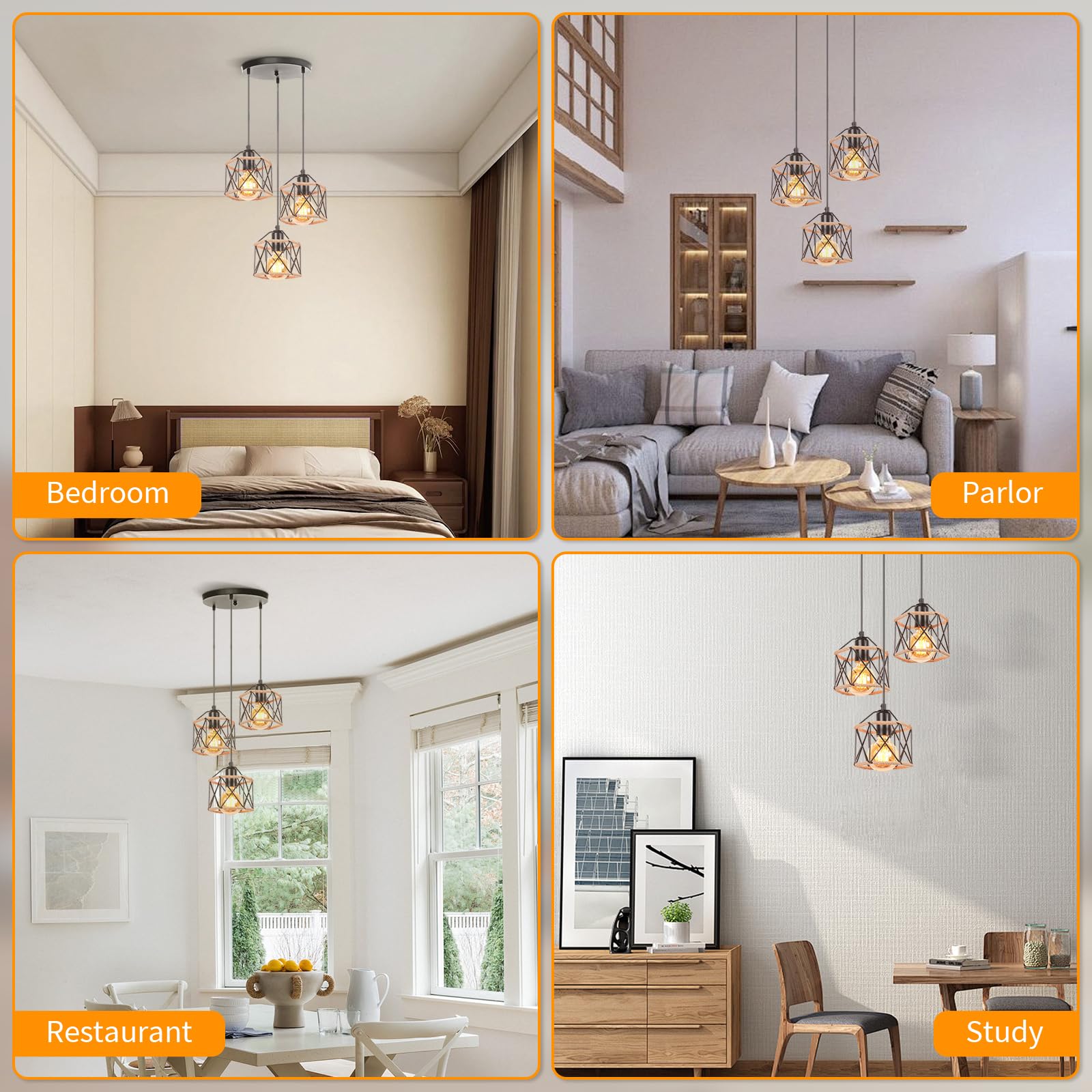 3 Luces Lámpara Colgante Vintage E27 Lámpara de Techo Colgante industrial Metal con Cuerda de Cáñamo Retro Diseño Jaula 16CM para Dormitorio Café Salón Pasillo (hexágono-C-base)