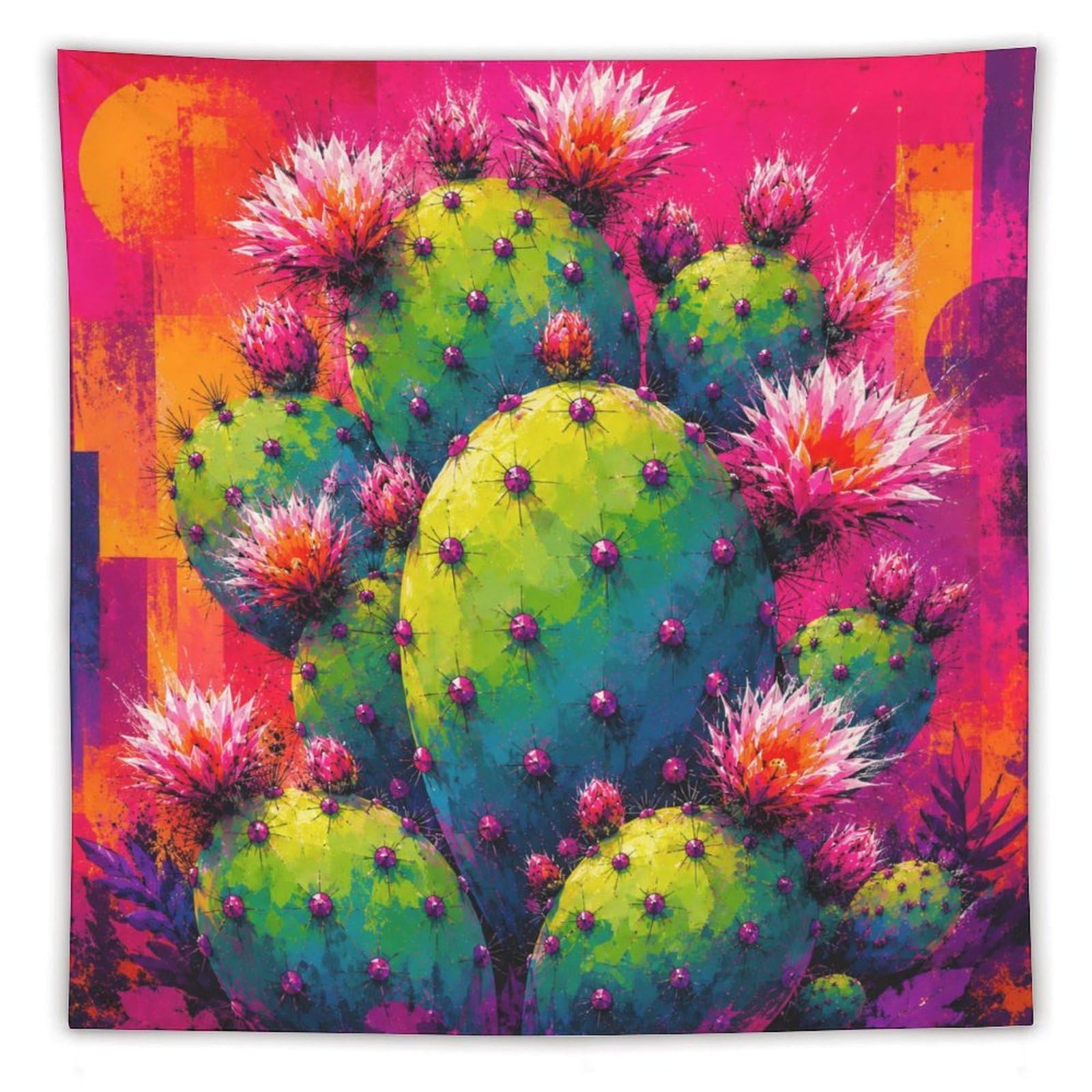 W7C8U2X3 Pink Cactus Color Blocks Wall Tapestry, Geometric Art