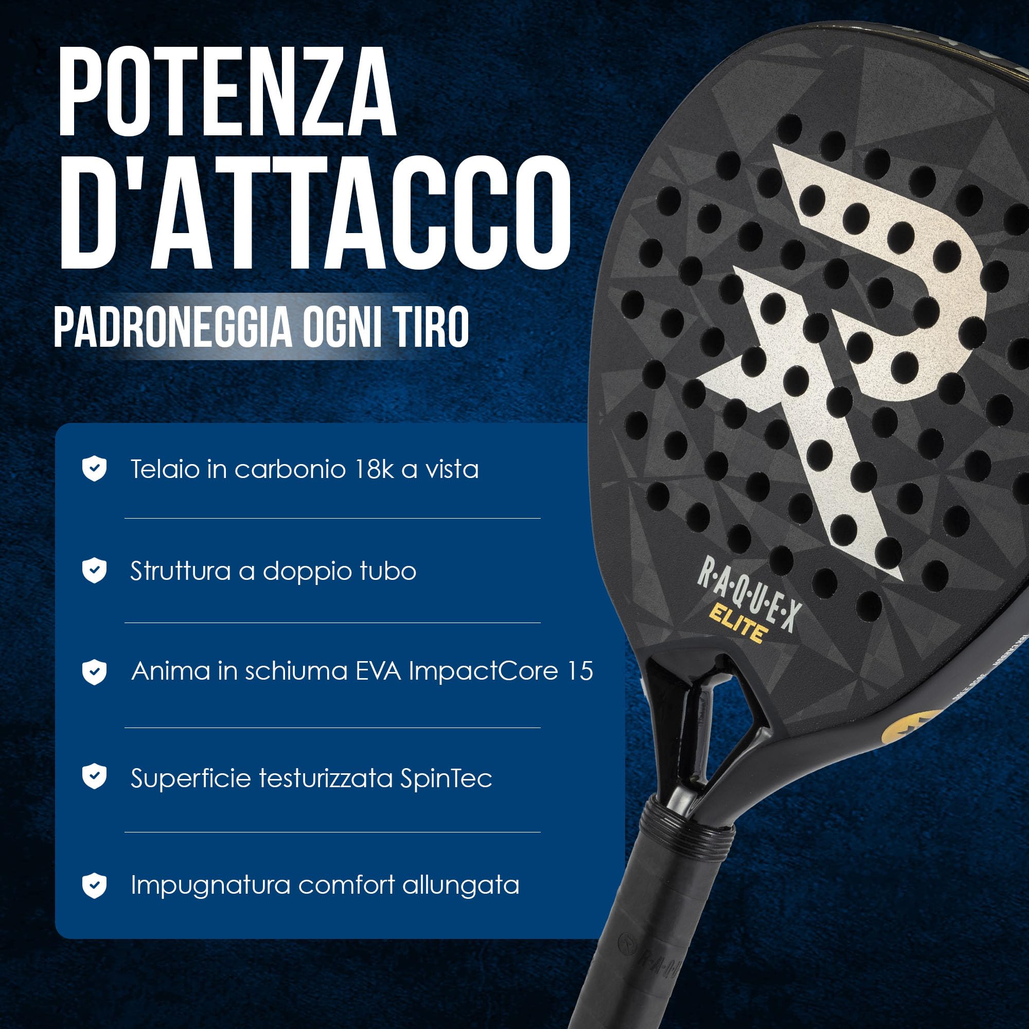 Racchetta da padel Raquex Elite - Racchetta avanzata - Telaio in carbonio 18K, nucleo reattivo in schiuma Eva 15 ImpactCore, forma a diamante, sistema twin tube per durabilità + cinturino da polso