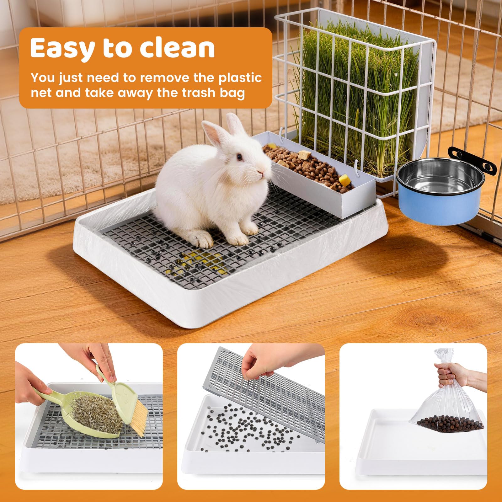 3 in 1 Rabbit Litter Box with Hay Feeder, Bunny Litter Box with Metal Guinea Pig Hay Feeder and Hanging Water Bowl for Bunny, Guinea Pigs, Chinchillas and Other Small Animals - image 3
