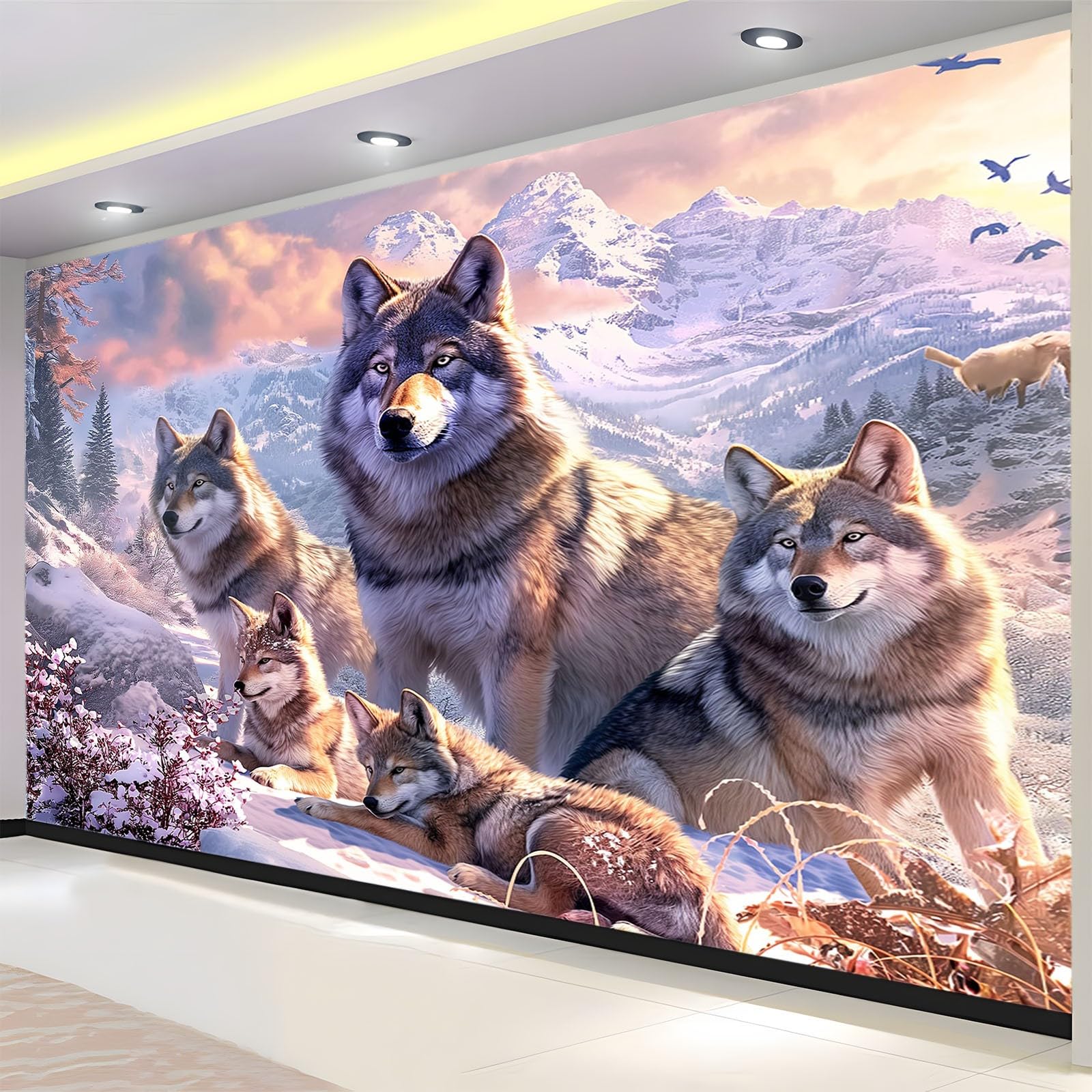 Générique Papier Peint Mural Chambre Loup Animal De Montagne De Neige 300x210 cm Poster Geant Mural 3D Tableaux Muraux Tapisserie Photo, Salon Chambre d'enfants Mur de Fond Papier Peint Panoramique