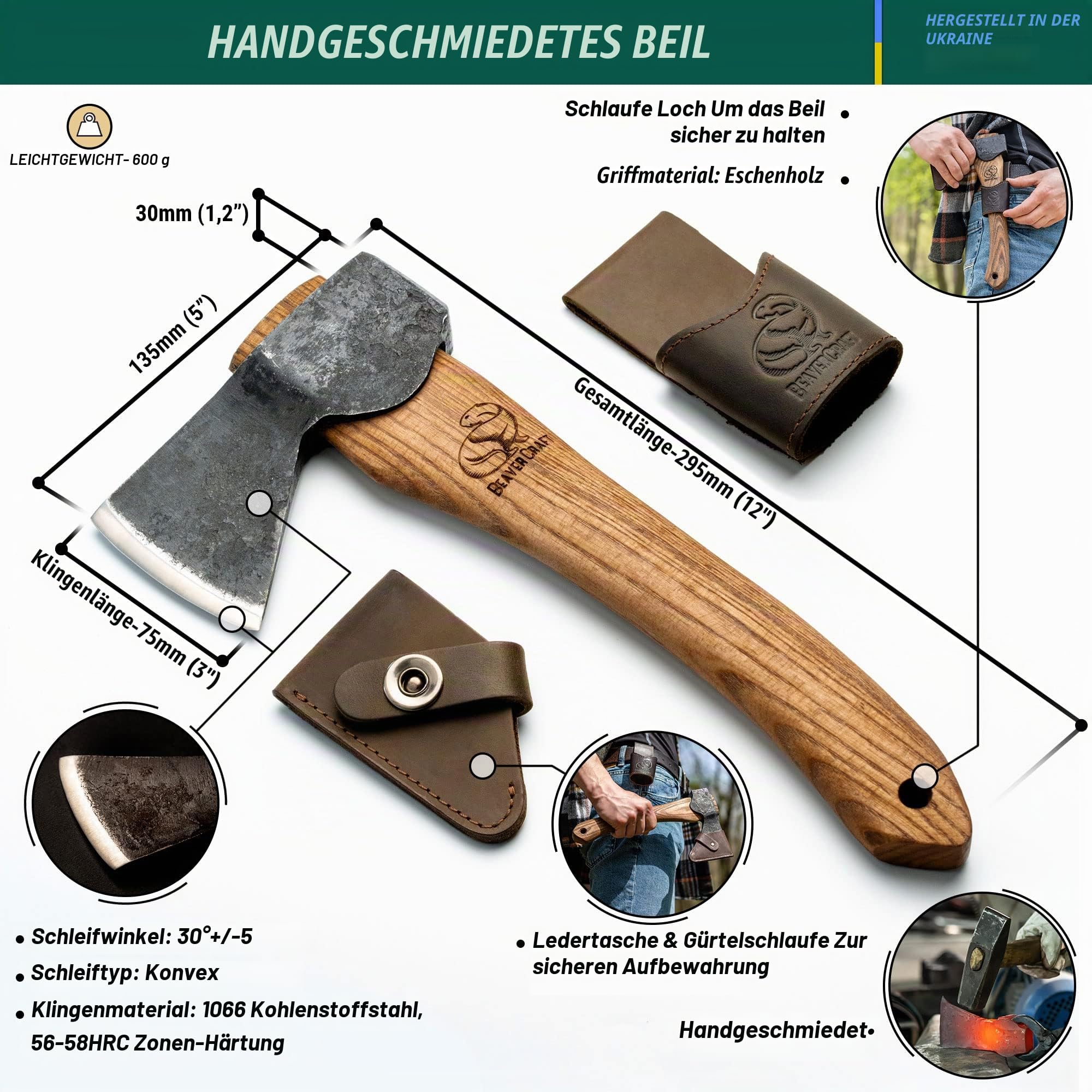 BeaverCraft Holzbearbeitungsaxt mit Scheide AX1 – Geschmiedete Axt, Bushcraft-Axt für Camping – Kleine Forstaxt zum Hacken und Spalten – Gartenaxt mit Holzgriff, Holzbearbeitungswerkzeug