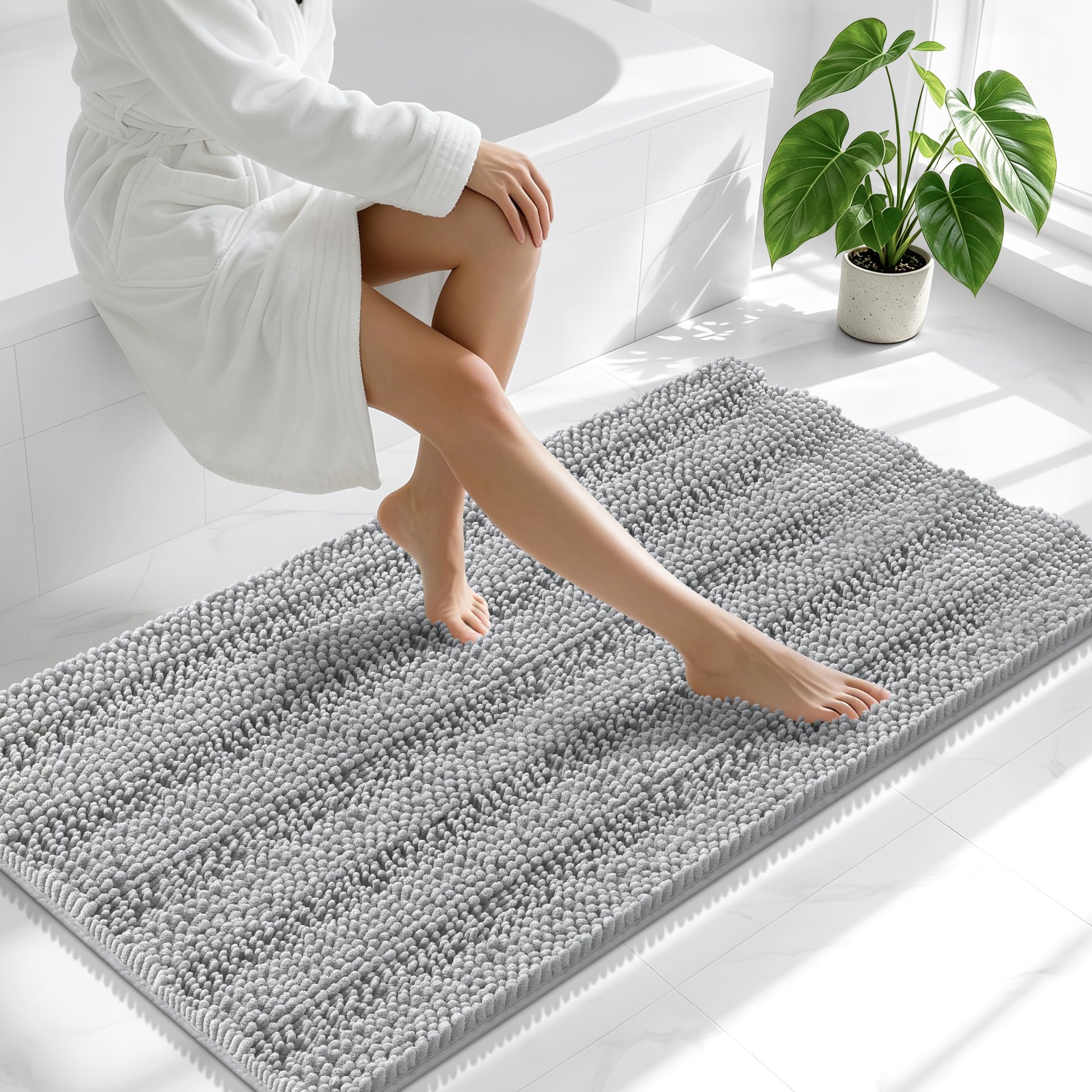 Smiry Thick Chenille Bathroom Runner Rugs 47x24, Soft Bath Mat, Light Grey