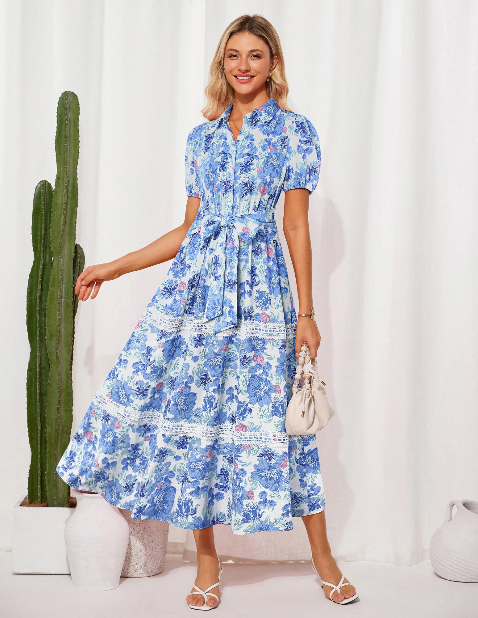 GRACE KARIN Women's 2026 Summer Floral Flowy Dresses Boho Tie Belt Short Puff Sleeve A Line Maxi Shirt Dress with Pocket