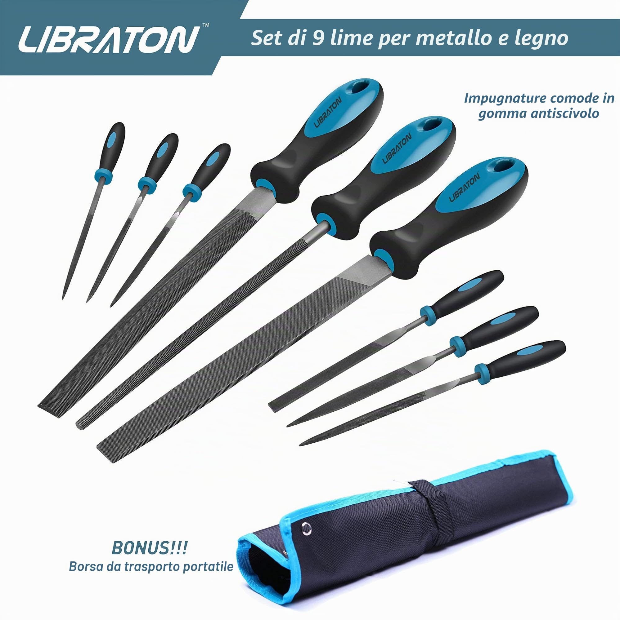 LIBRATON Set di Lime e Raspe per Legno 9 Pezzi, Set di File di Metallo | lnclude Piatta, Tonda, Semitonda e 6 lime ad ago, adatto per Legno, Metallo etc