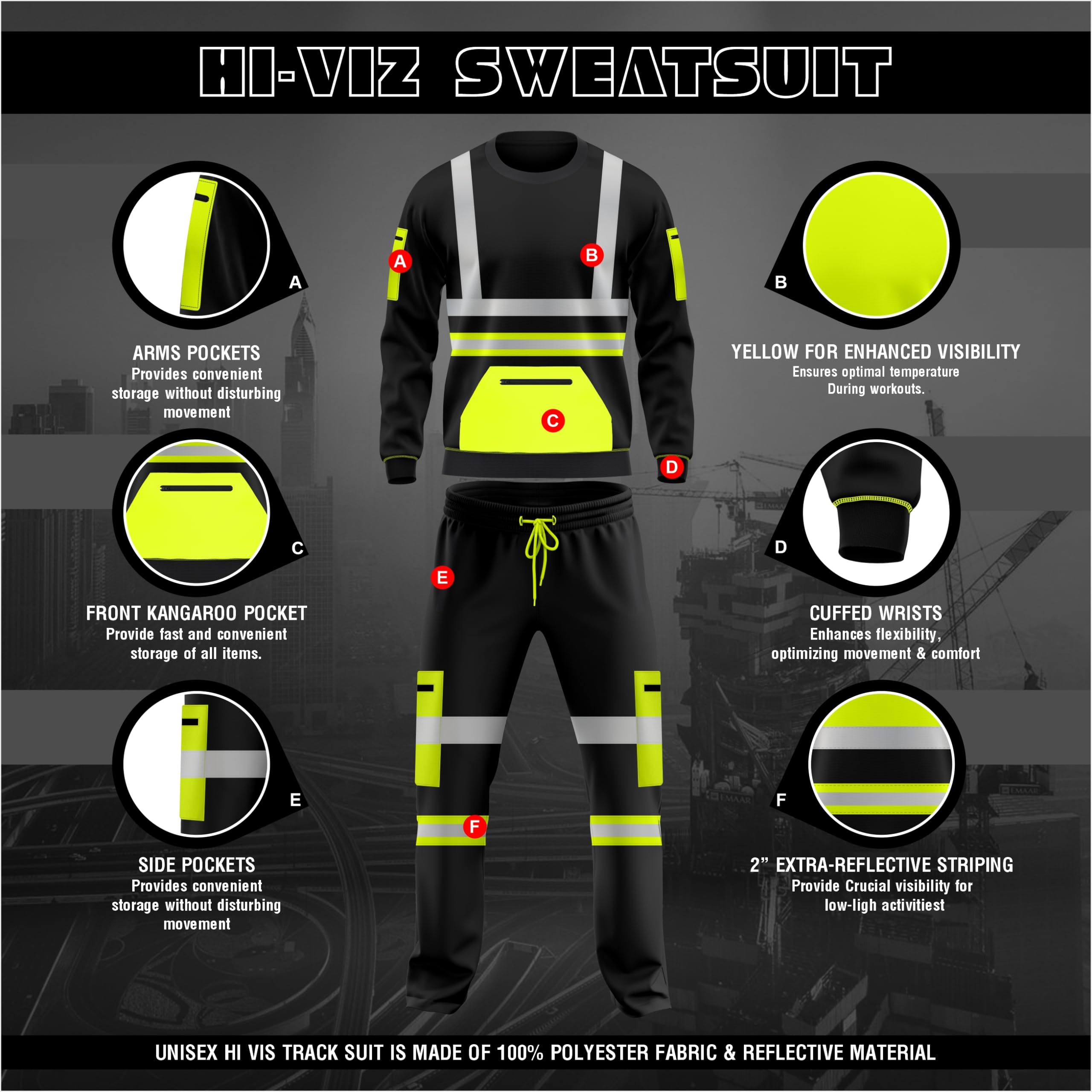 Set tuta da lavoro in pile ad alta visibilità, orlo aperto, pantaloni con risvolto, tasche con coulisse, felpa a maniche lunghe, set di pantaloni e top di sicurezza