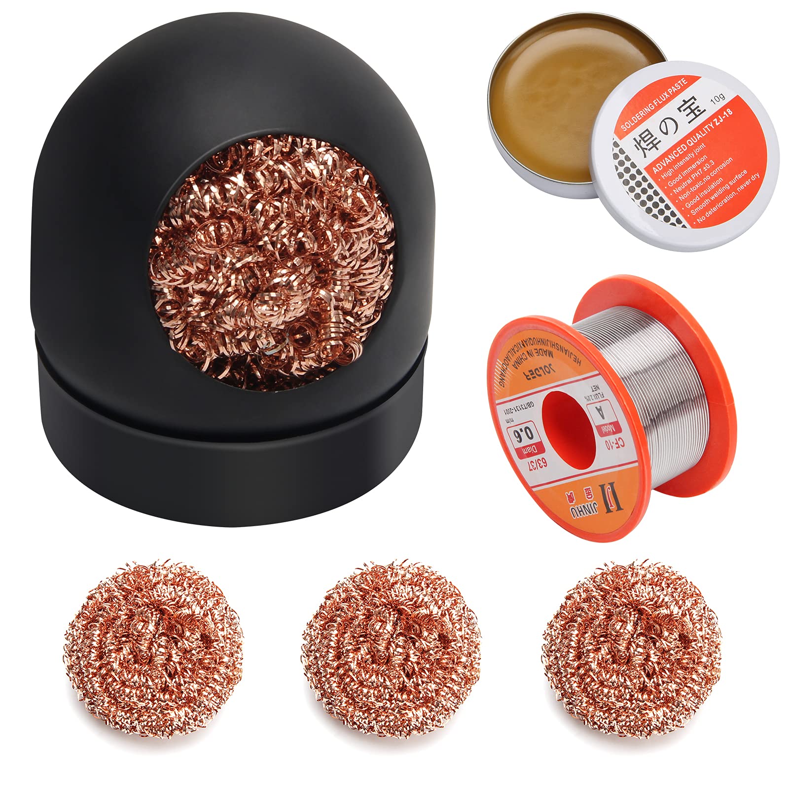 Soldering Iron Tip Cleaner Kit, Windspeed Non-slip Brass Soldering Tip Cleaner Solder Flux Brass Tip Cleaning Brass With Holder, Solder Flux, Solder Wire 4pcs Copper Wire Ball, No Water Needed