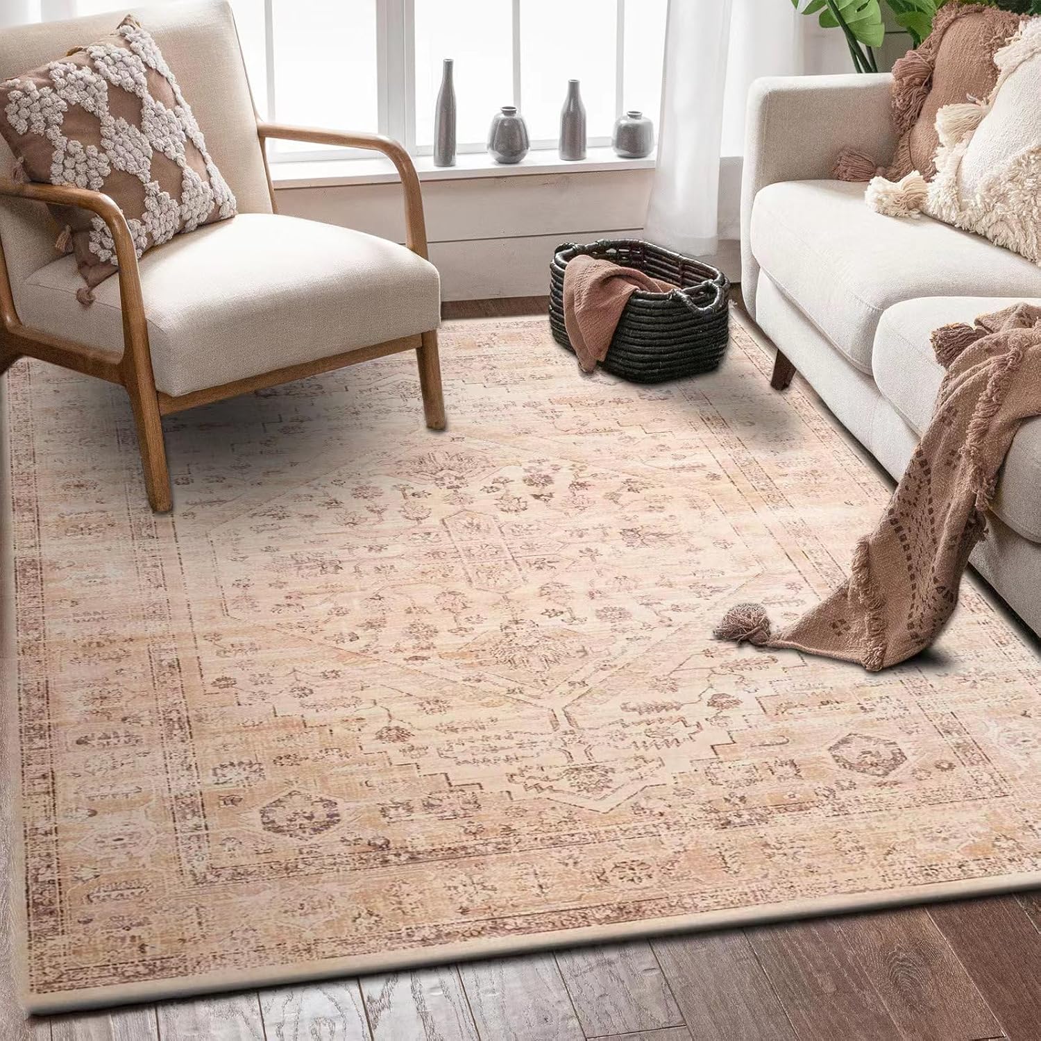 8x10 Area Rug for Living Room - Machine Washable Rug with Non Slip Rubber Backing, Low Pile Thin Mat Indoor Carpet Print Distressed Accent Rug for Bedroom Dining Room 8x10ft Pink