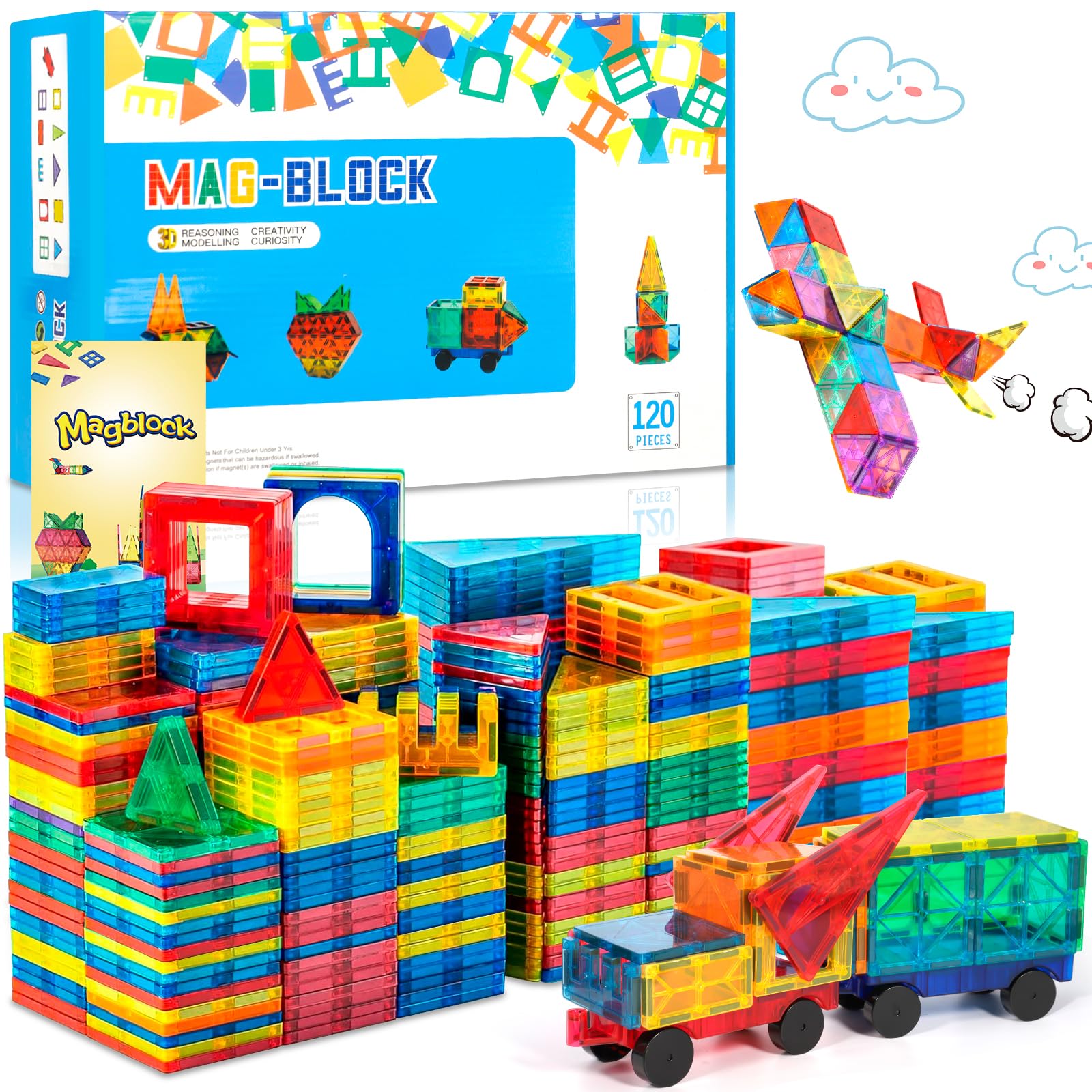 JUQG 154Pcs Bloques de Construcción Magnéticos, 3D Juguetes de Construcción Magnéticos, Juguetes Educativos de Bloques de Construcción, Regalo de Juguete Magnético para Más de 3 Niños y Niñas (154Pcs) — view 6