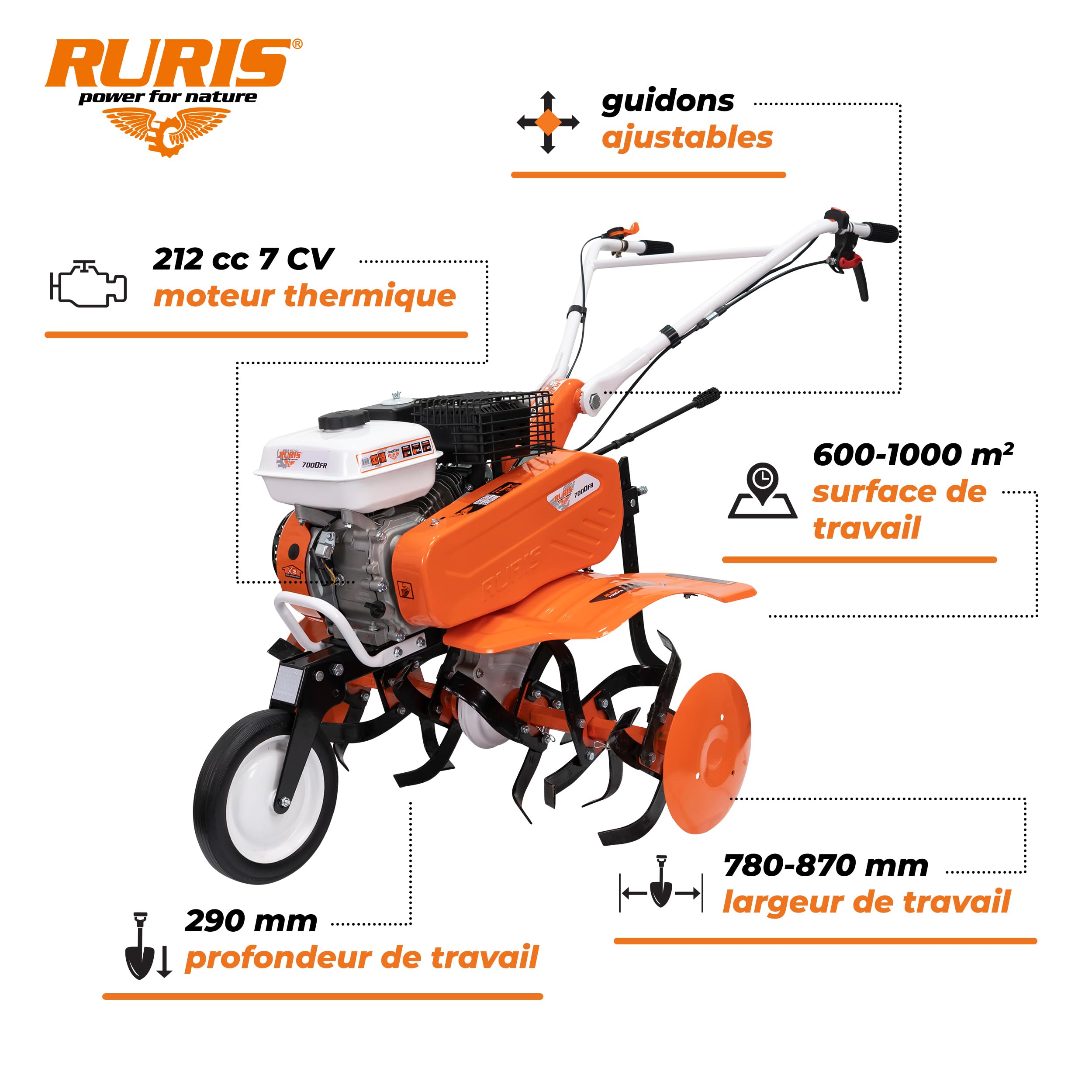 RURIS POWER FOR NATURE Motobineuse 7000fr, 7 CV, 24 Fraises, Largeur de Travaille 560-830mm, guidons Ajustable + Butteur + Lot Contrepoids 10kg, Orange