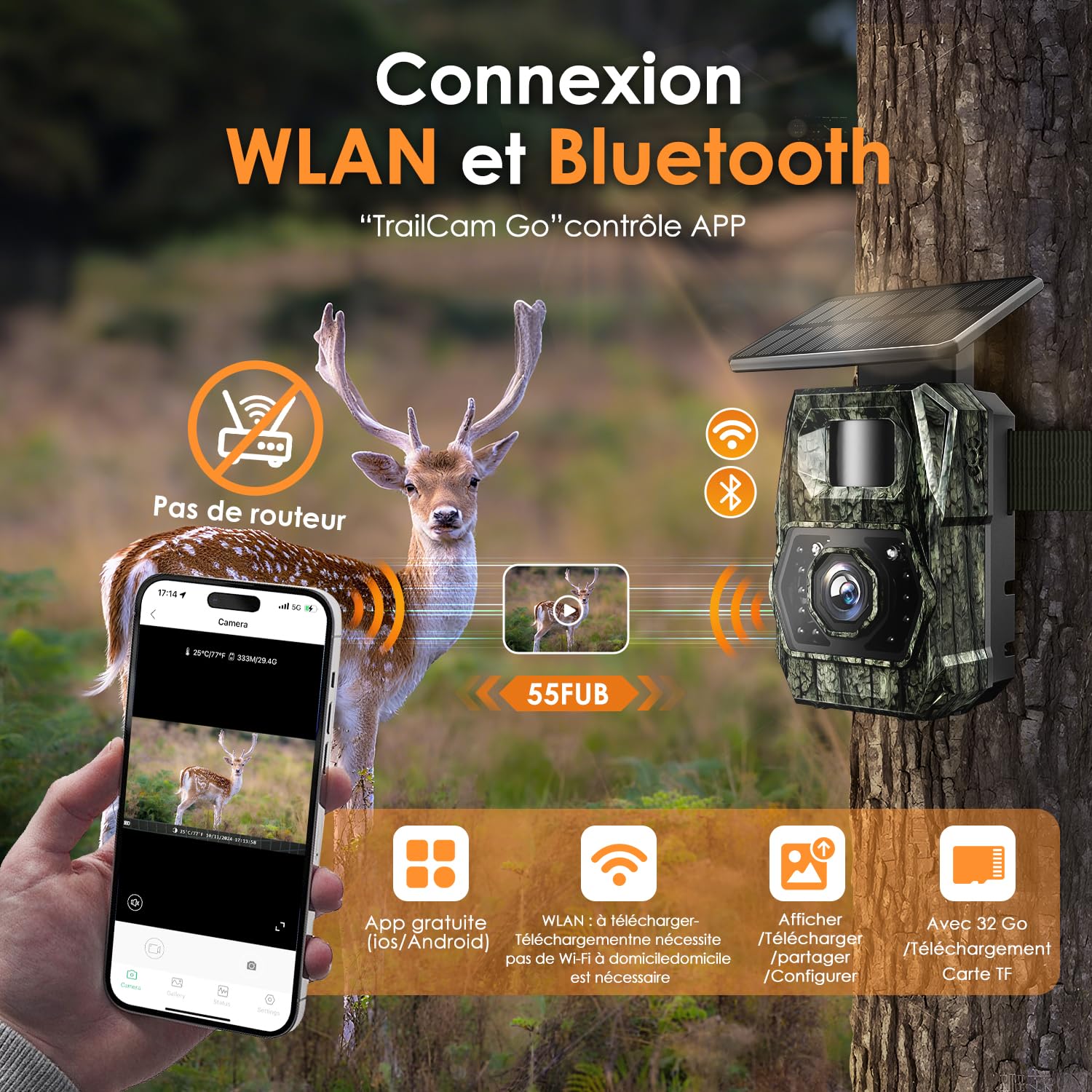 MAXDONE Caméra de Chasse Solaire Wi-FI - 48MP Camera de Chasse Connectée Telephone avec 5200mAh Batterie Rechargeable Camera Infrarouge Vision Nocturne Exterieur Animaux, Etanche IP66