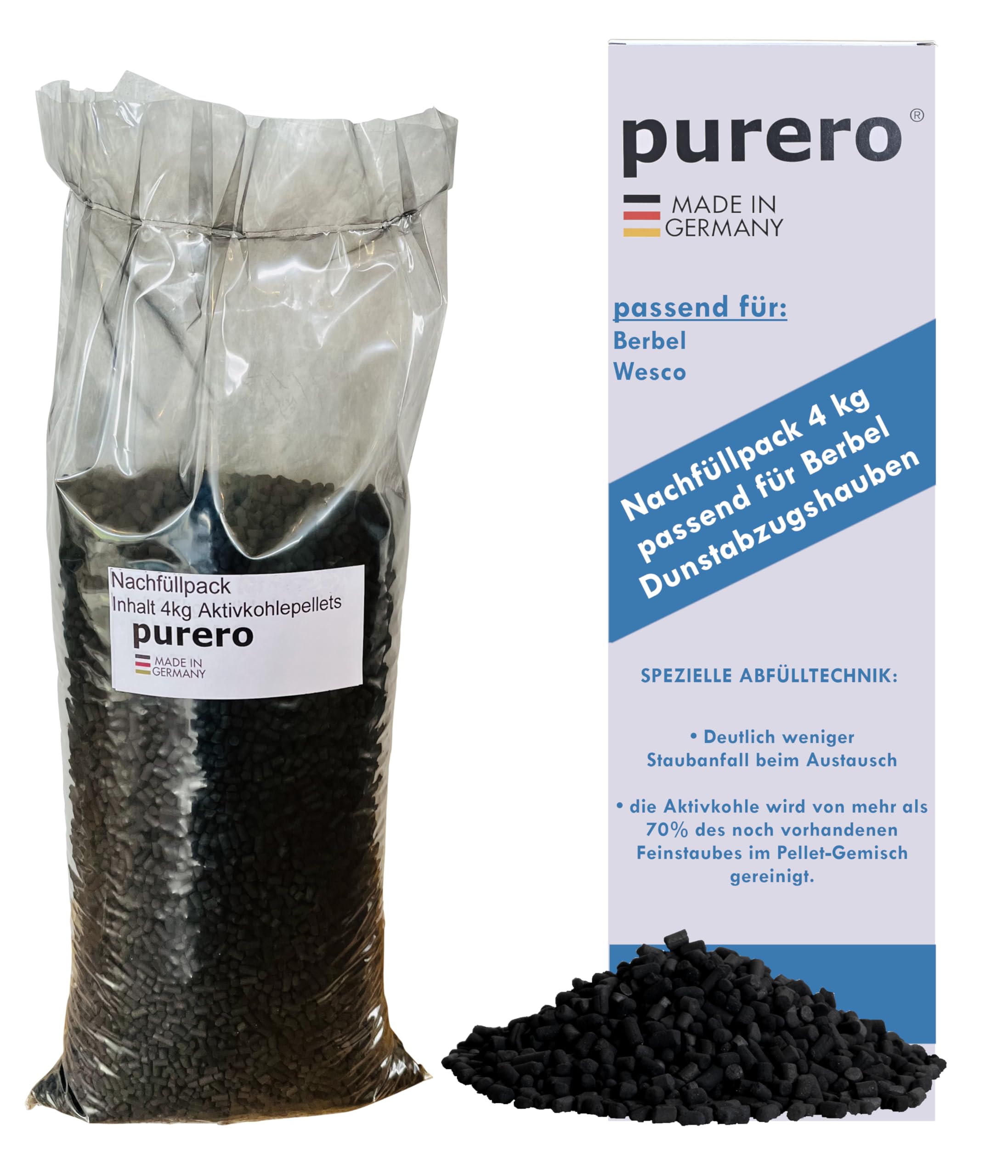 purero® Aktivkohle 4,0 kg Nachfüllpack - passend für Berbel Dunstabzugshauben - Aktivkohlepellets - Made in Germany
