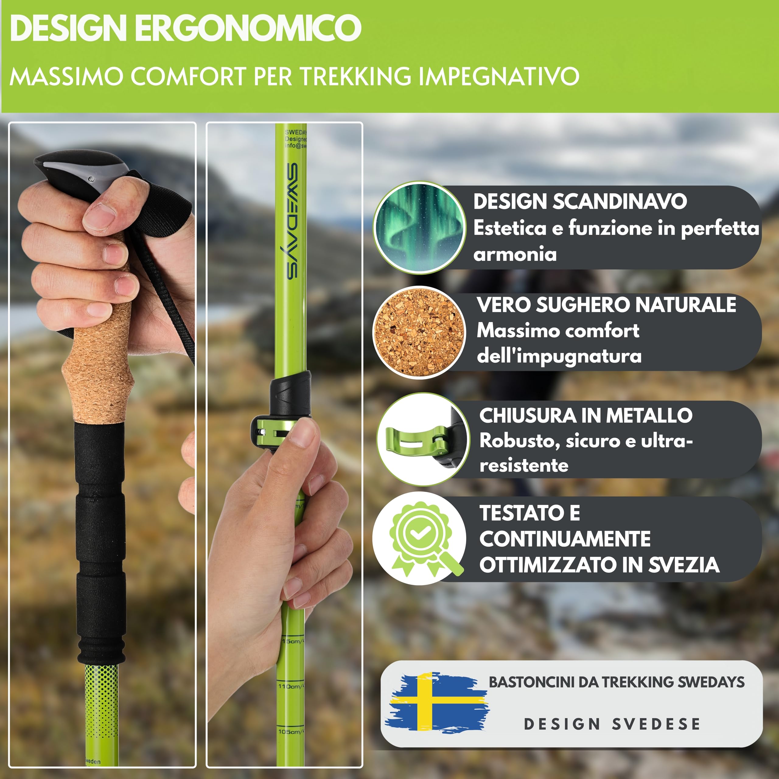 Bastoncini da trekking telescopico Bastoni Nordic Walking: [Carbonio 3K o Alluminio], Manico in Sughero Ergonomico, leggero, facile da regolare 63-135 cm per per Donna e Uomo