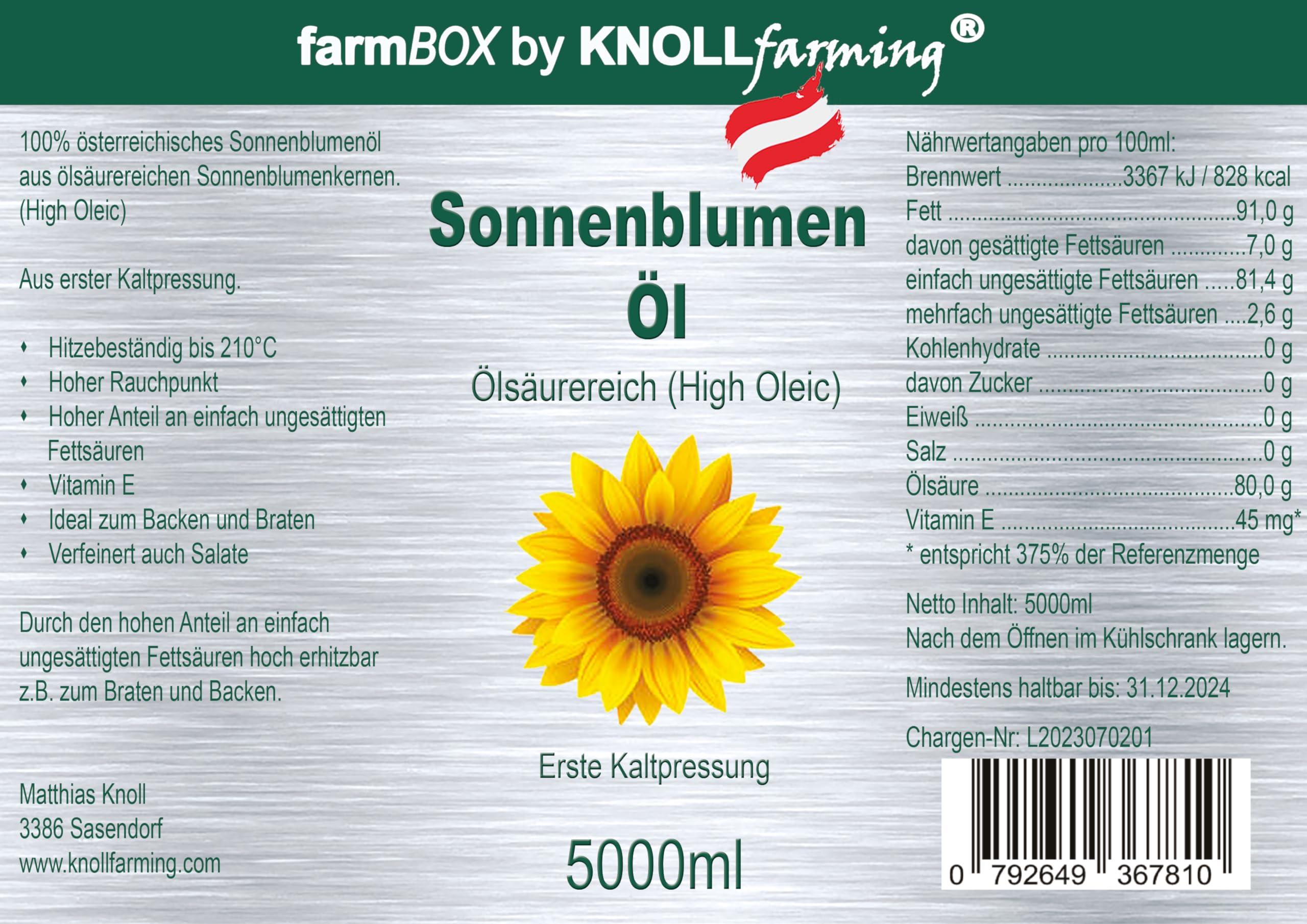 FarmBox High Oleic - Aceite de girasol (5000 ml, 5 L, prensado en frío, de Austria)