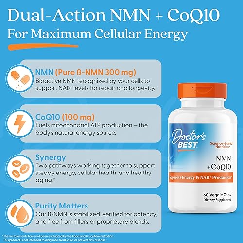 Vista 5 de Doctor's Best NMN + CoQ10, apoya el envejecimiento saludable, la energía y la producción NAD+, vegano, 60 cápsulas vegetales