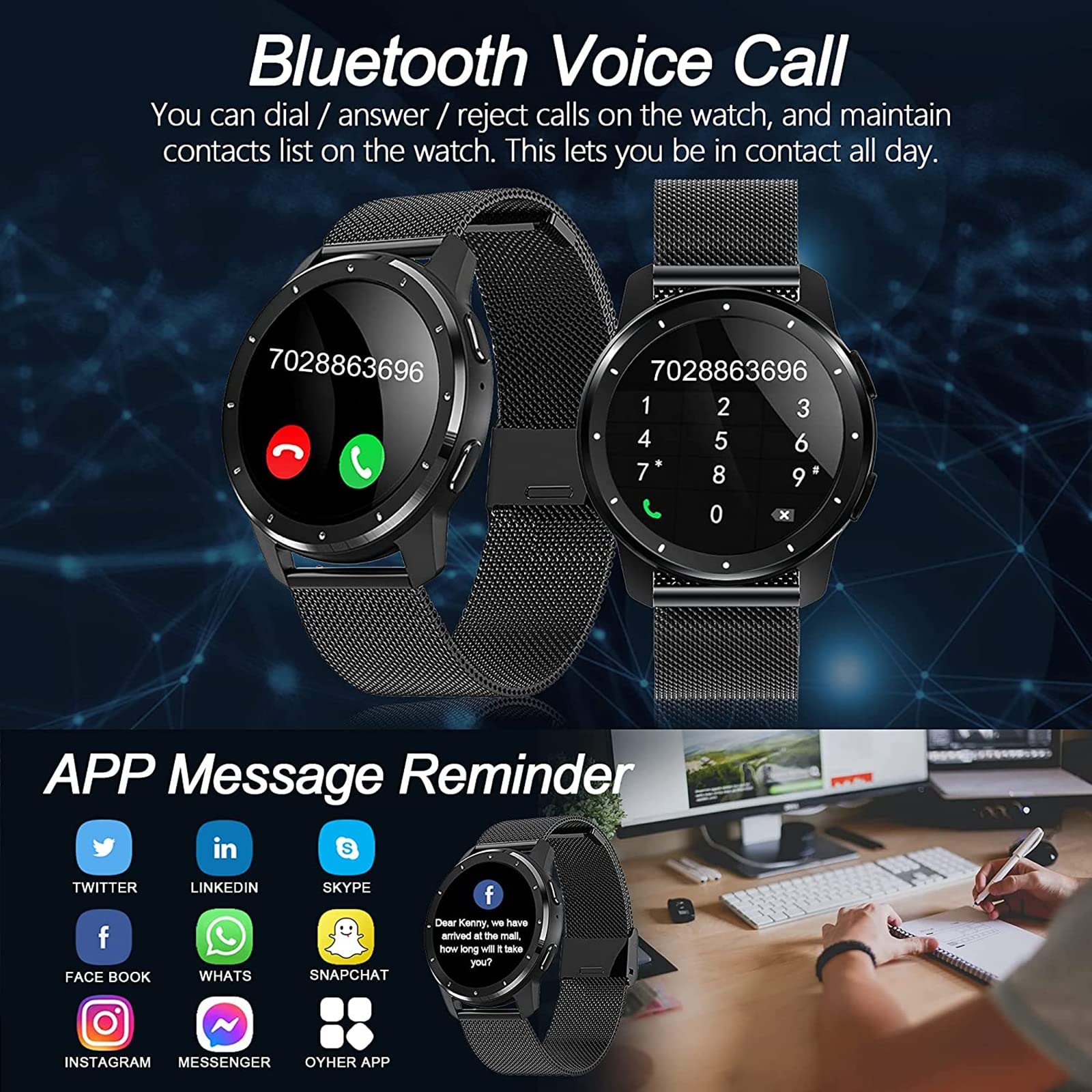 2022 męski wielofunkcyjny inteligentny zegarek. 3.3 cm ekran dotykowy wodoodporny smartwatch do Androida/iOS. Fitness Tracker z pulsometrem, ciśnieniem krwi, monitorem snu, złoty