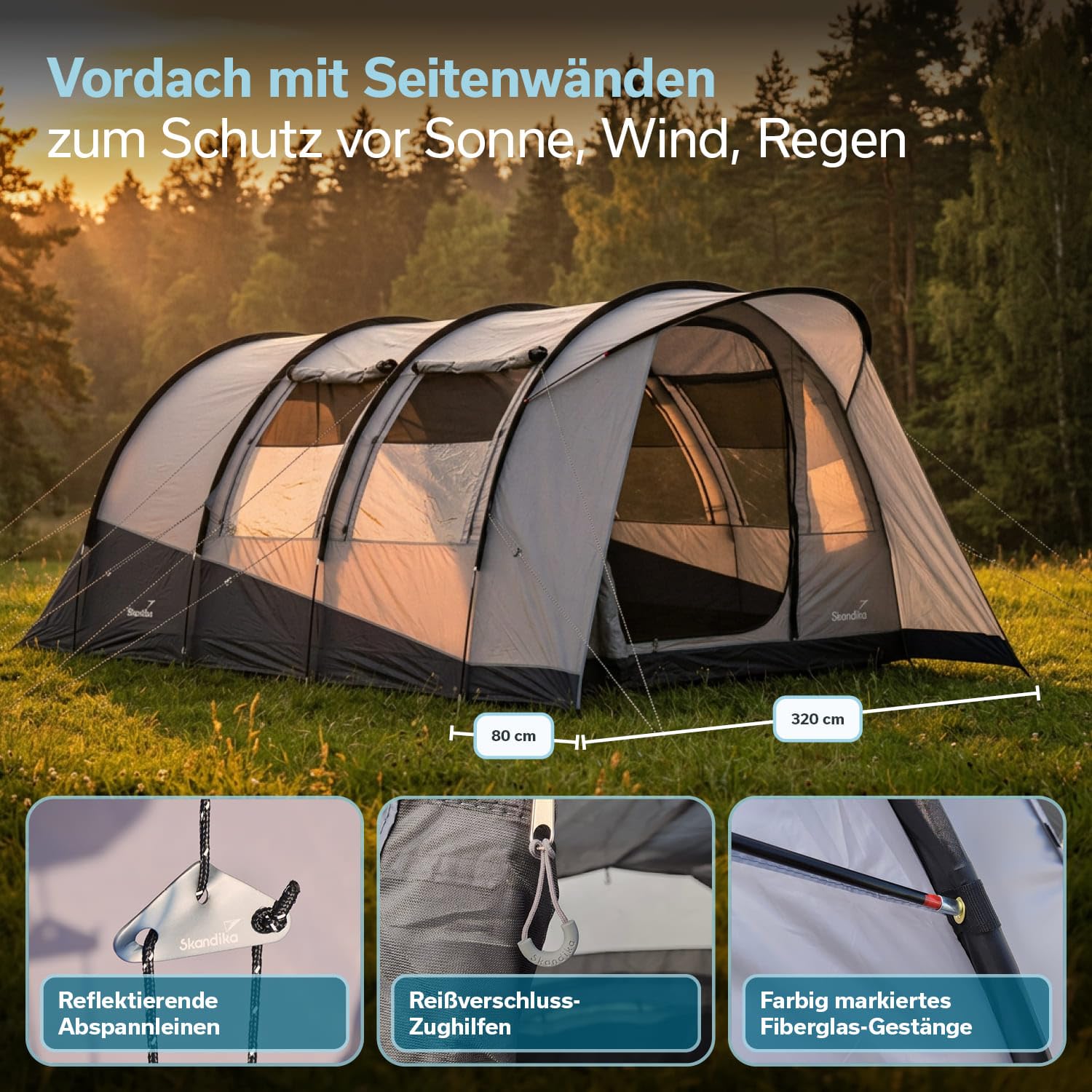 Skandika Isken 5 Protect, tenda da campeggio per 5 persone, finestra con zanzariera, fondo cucito, impermeabile, colonna d'acqua 3000 mm, con baldacchino, tenda per campeggio, festival, all'aperto
