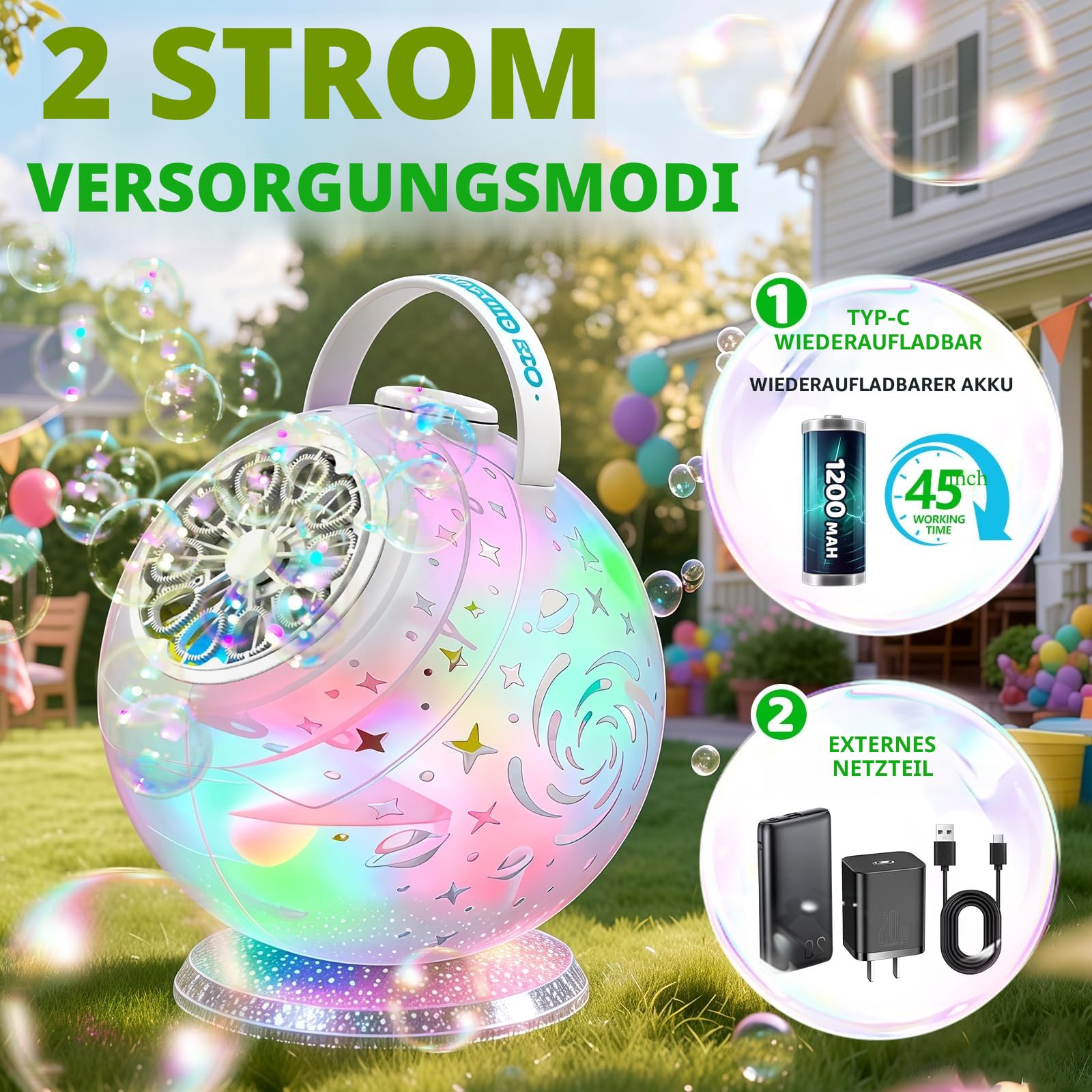Tecnock Wiederaufladbare Seifenblasenmaschine mit Fernbedienung, 360° Rotation, LED, USB-C, 45 Min Laufzeit