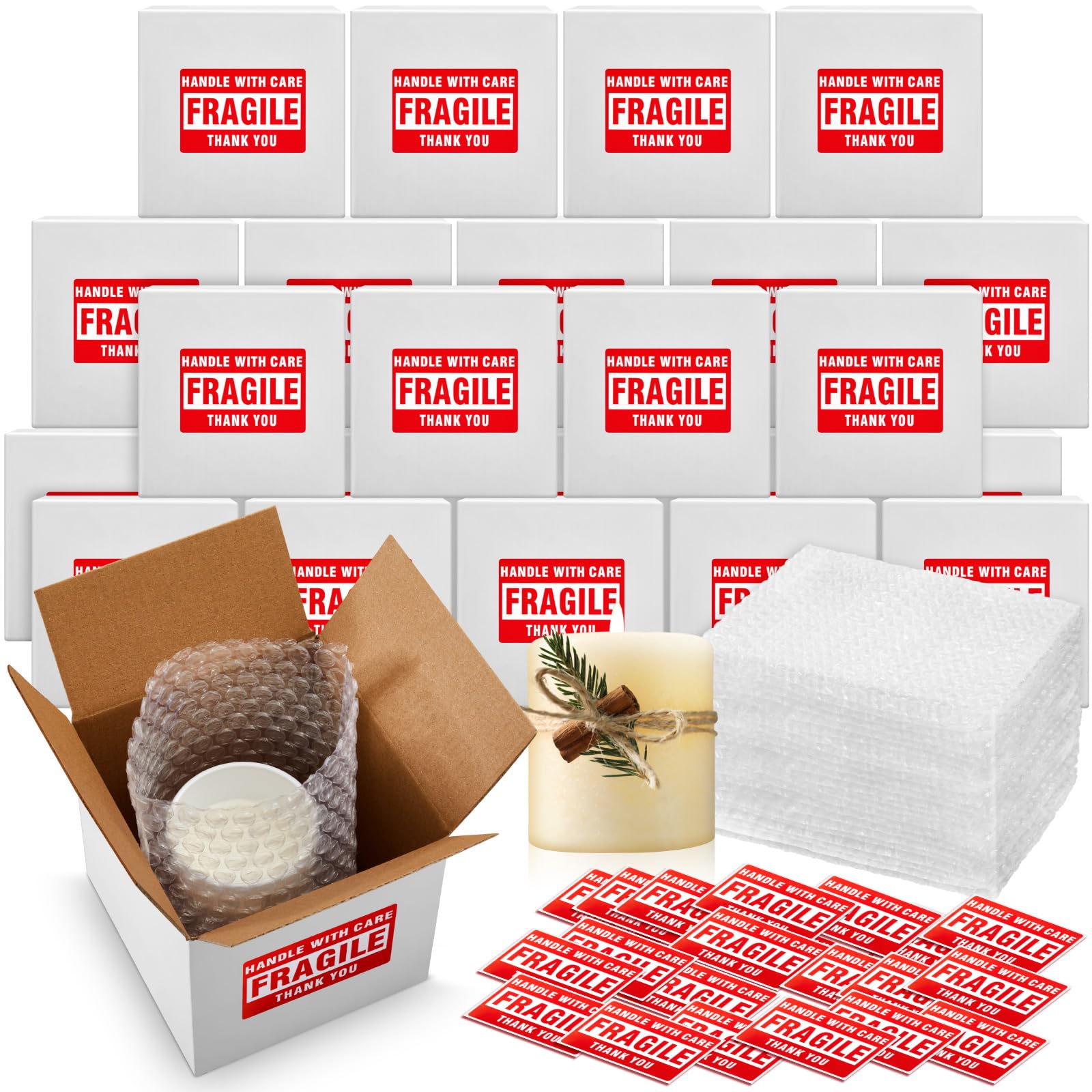 Honoson 30 Pcs 5x5x5 Shipping Boxes with Bubble Bags & Fragile Stickers - Small Packaging Boxes for Candles, Mugs & Gifts