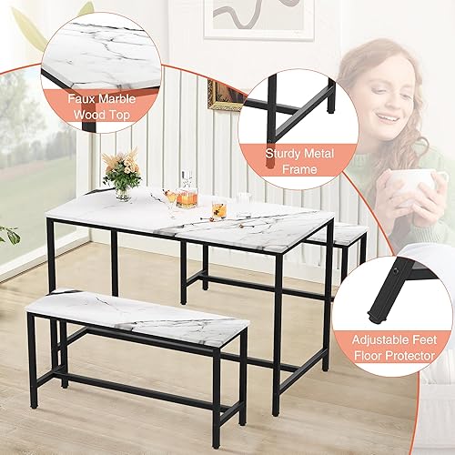Miniatura 7 de Yongchuang Juego de mesa de comedor de cocina de 44 pulgadas para 4, mesa de cocina de 3 piezas con 2 bancos para comedor, espacio pequeño, mesa