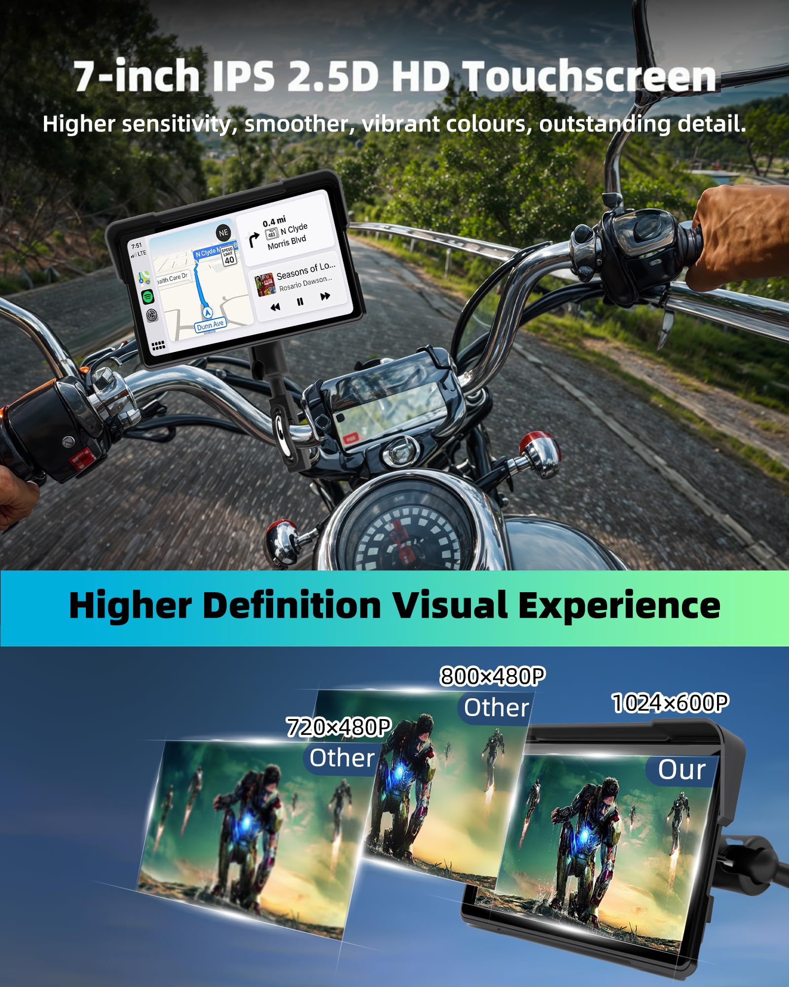 Jansite 7 inch Motorfiets CarPlay Android Auto Groot Scherm, 2.5D IPS Motorfiets Display IP67 Waterdichte Navigatieapparaten voor Motorfietsen met Dual Bluetooth, Siri/Google Assistant